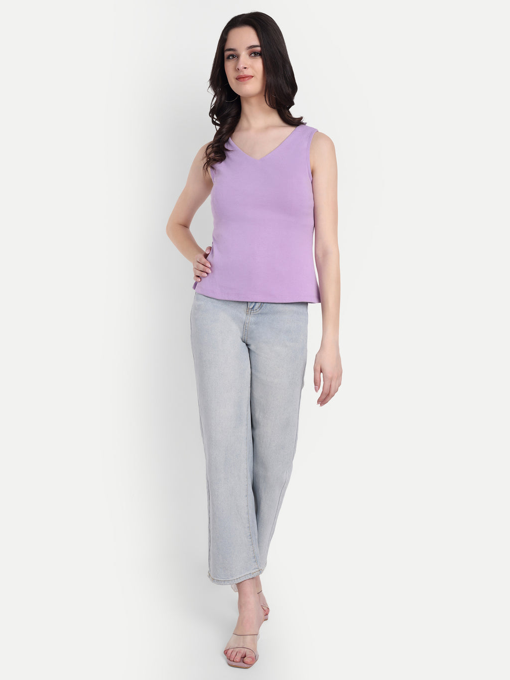 Women's Violet  V-Neck  Sleeveless Top | Casual & Party Wear