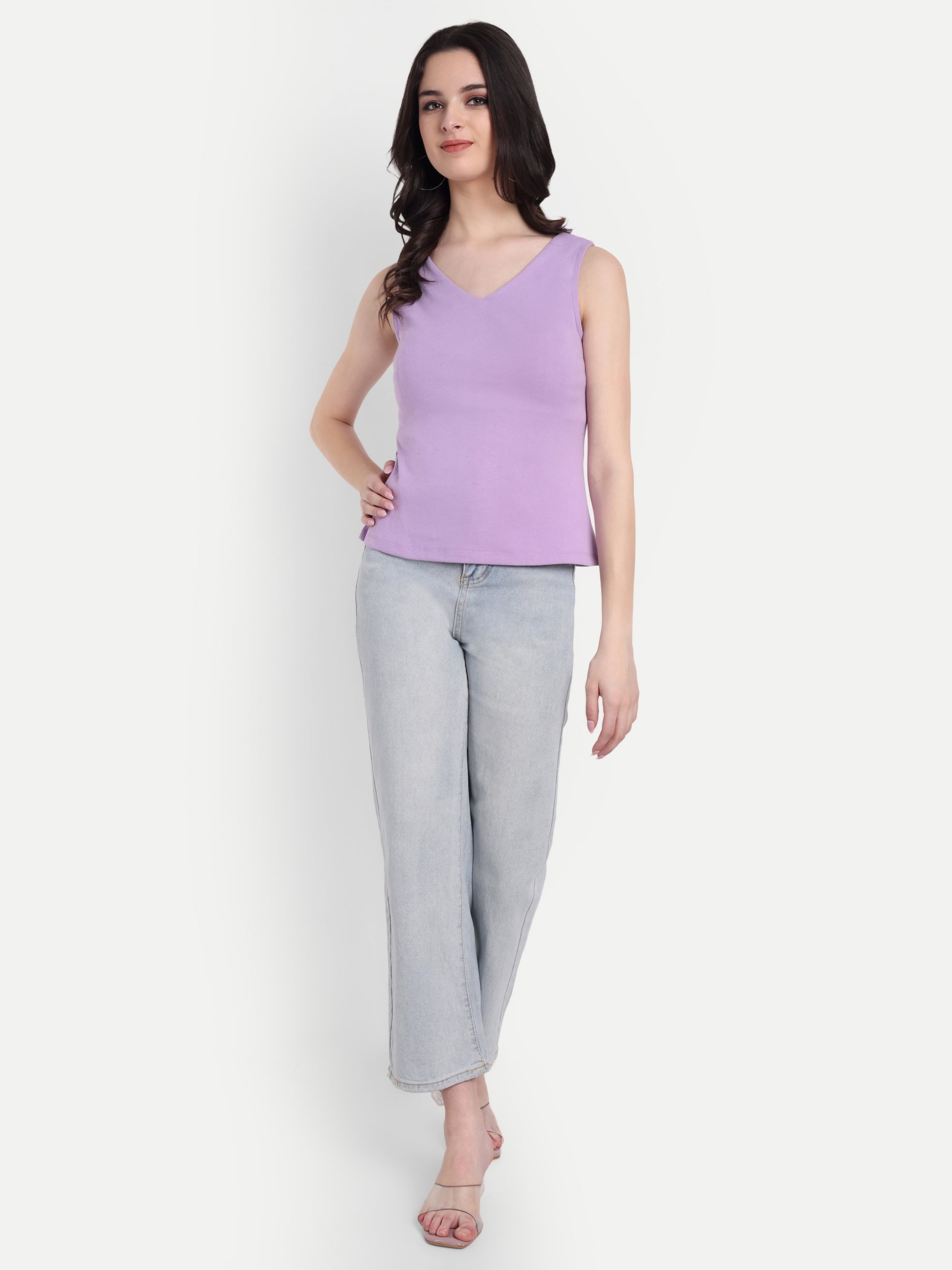 Women's Violet  V-Neck  Sleeveless Top | Casual & Party Wear