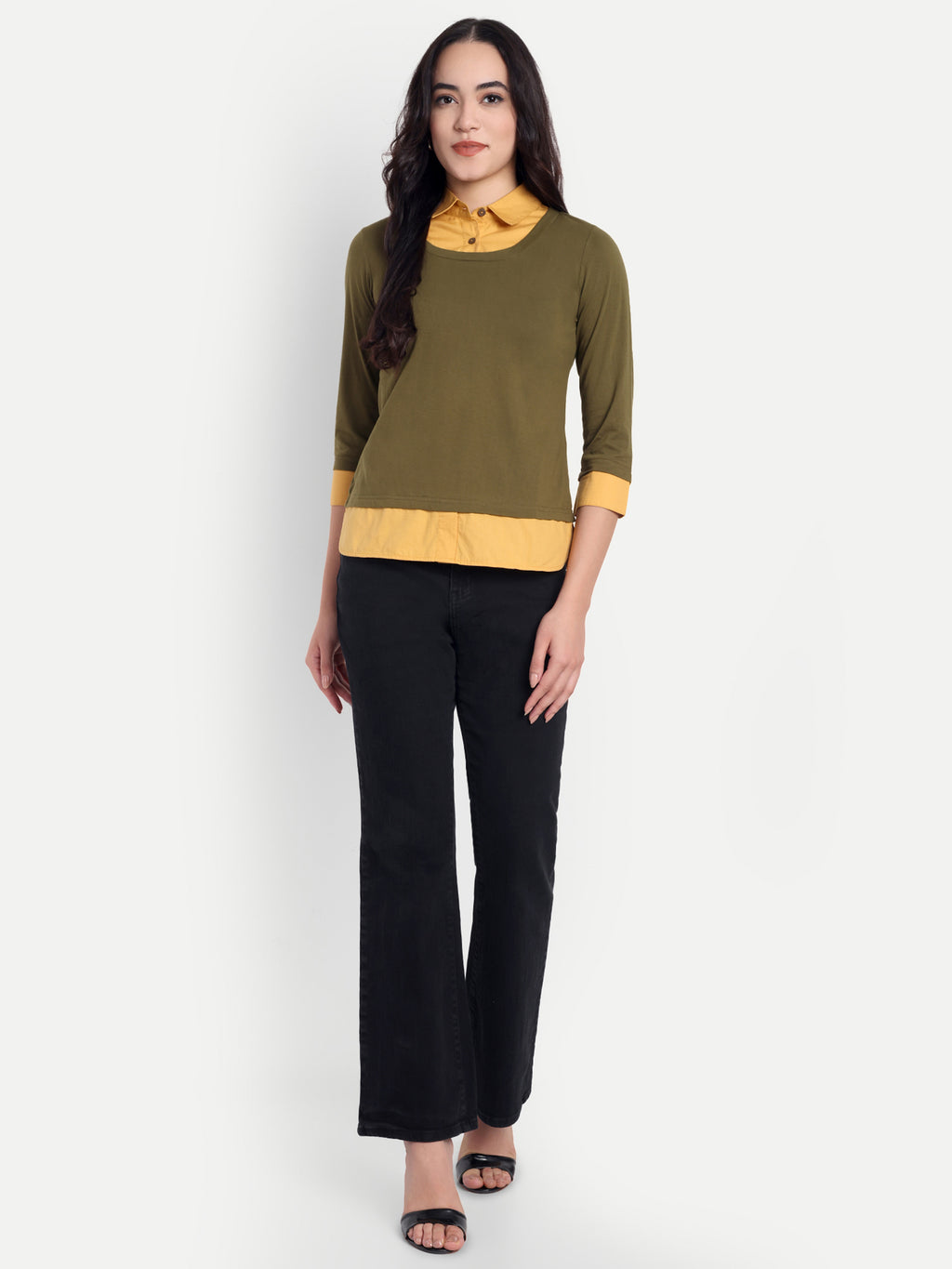 Women's Olive Layered Look Top with Orange Shirt Collar & 3/4 Sleeves