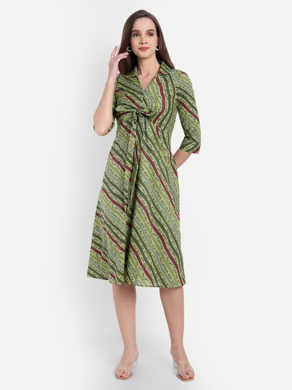 Women's Olive Striped Knee-Length Dress | Front Knot Detail | Casual & Party Wear