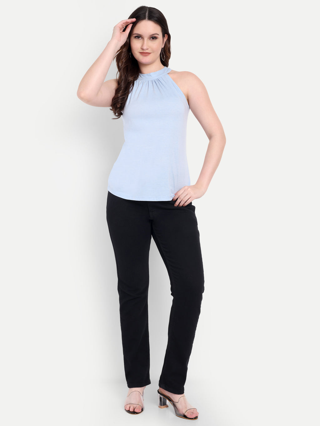 Women's light Blue Halter Neck Sleeveless Top | Casual & Party Wear