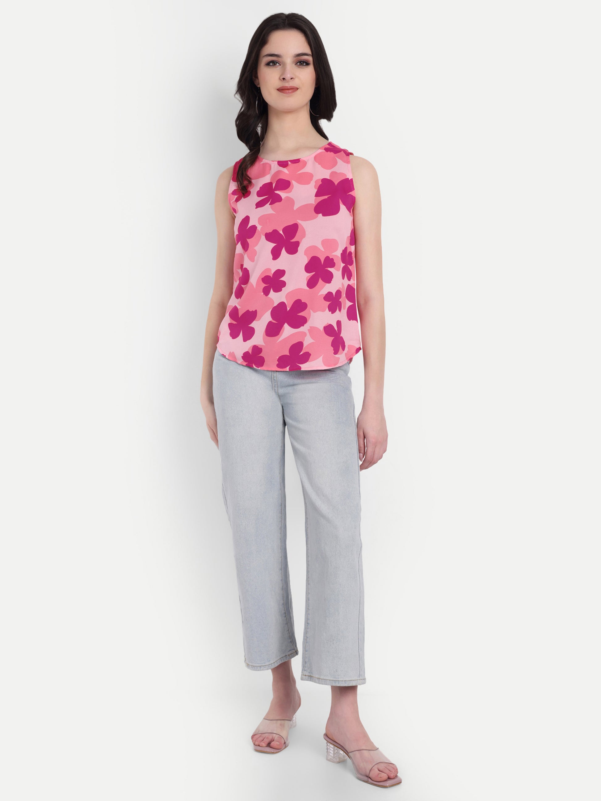 Women's Pink Floral Print Sleeveless Top | Round Neck | Lightweight Casual Summer Wear