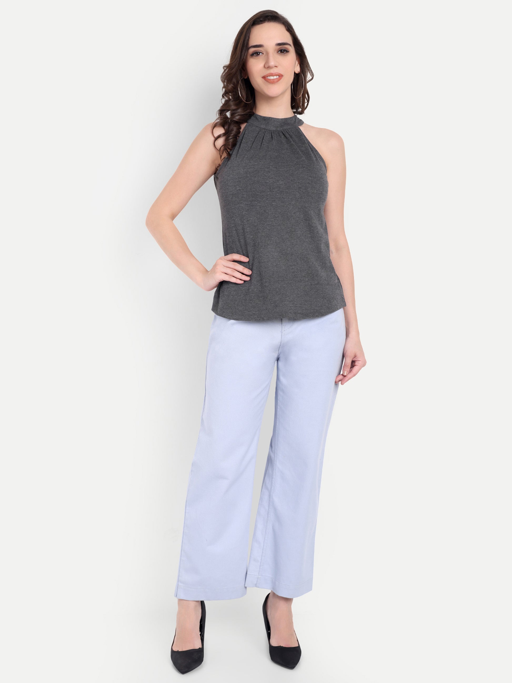 Women's Charcoal Grey Halter Neck Sleeveless Top | Casual & Party Wear