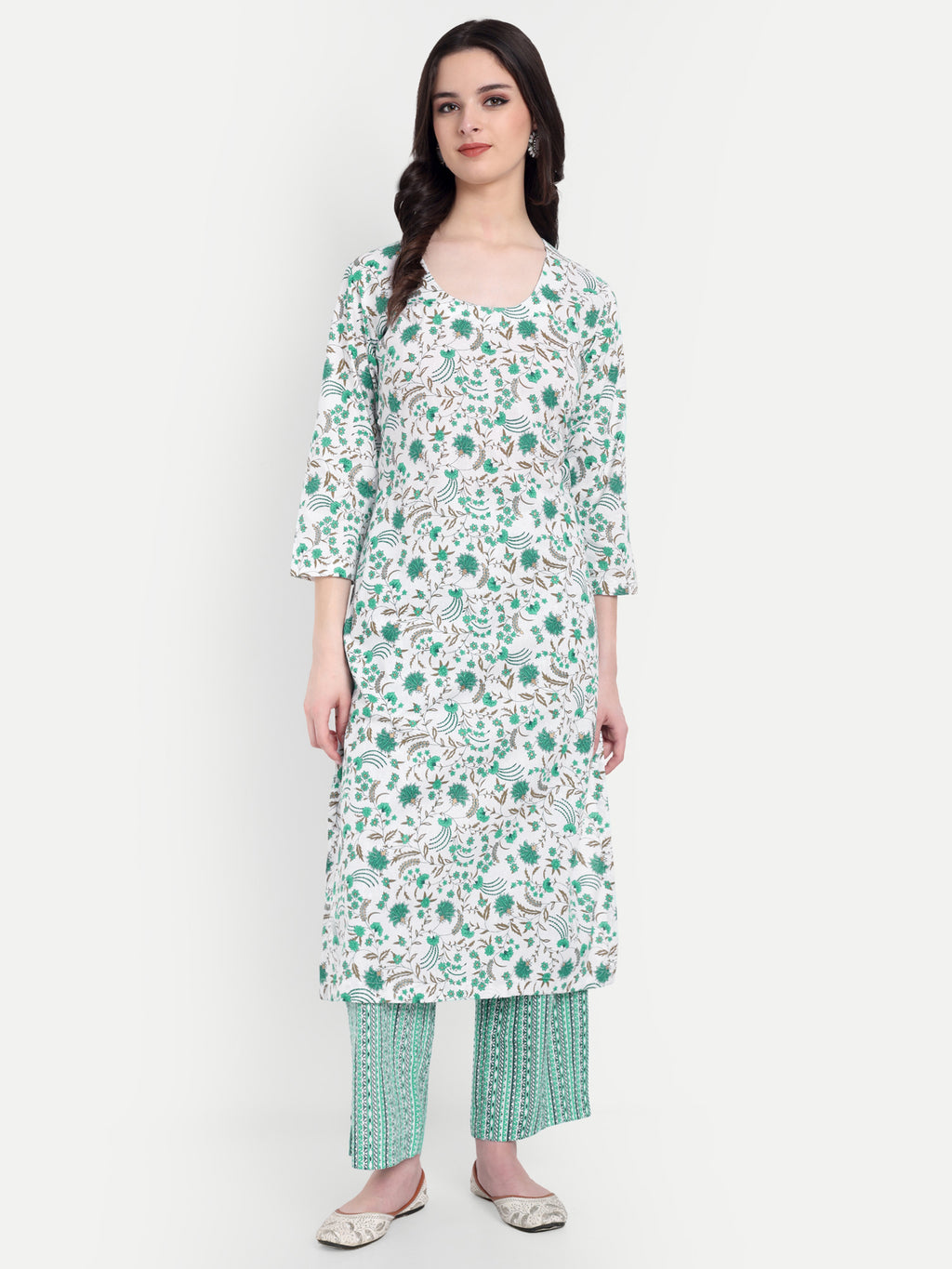 Women's White & Green Floral Printed Kurta with Straight Pants | Cotton Blend | Ethnic Wear