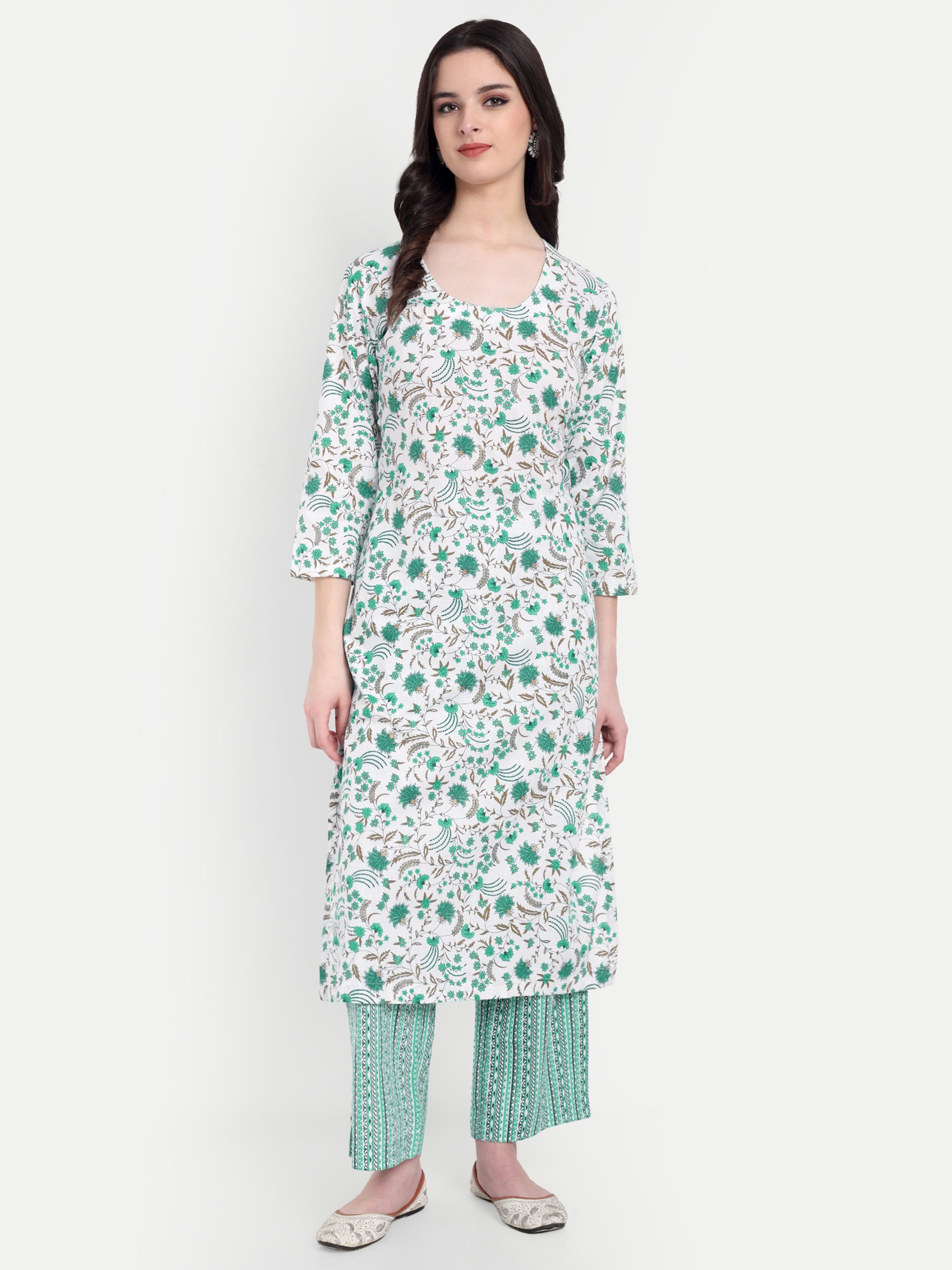Women's White & Green Floral Printed Kurta with Straight Pants | Cotton Blend | Ethnic Wear