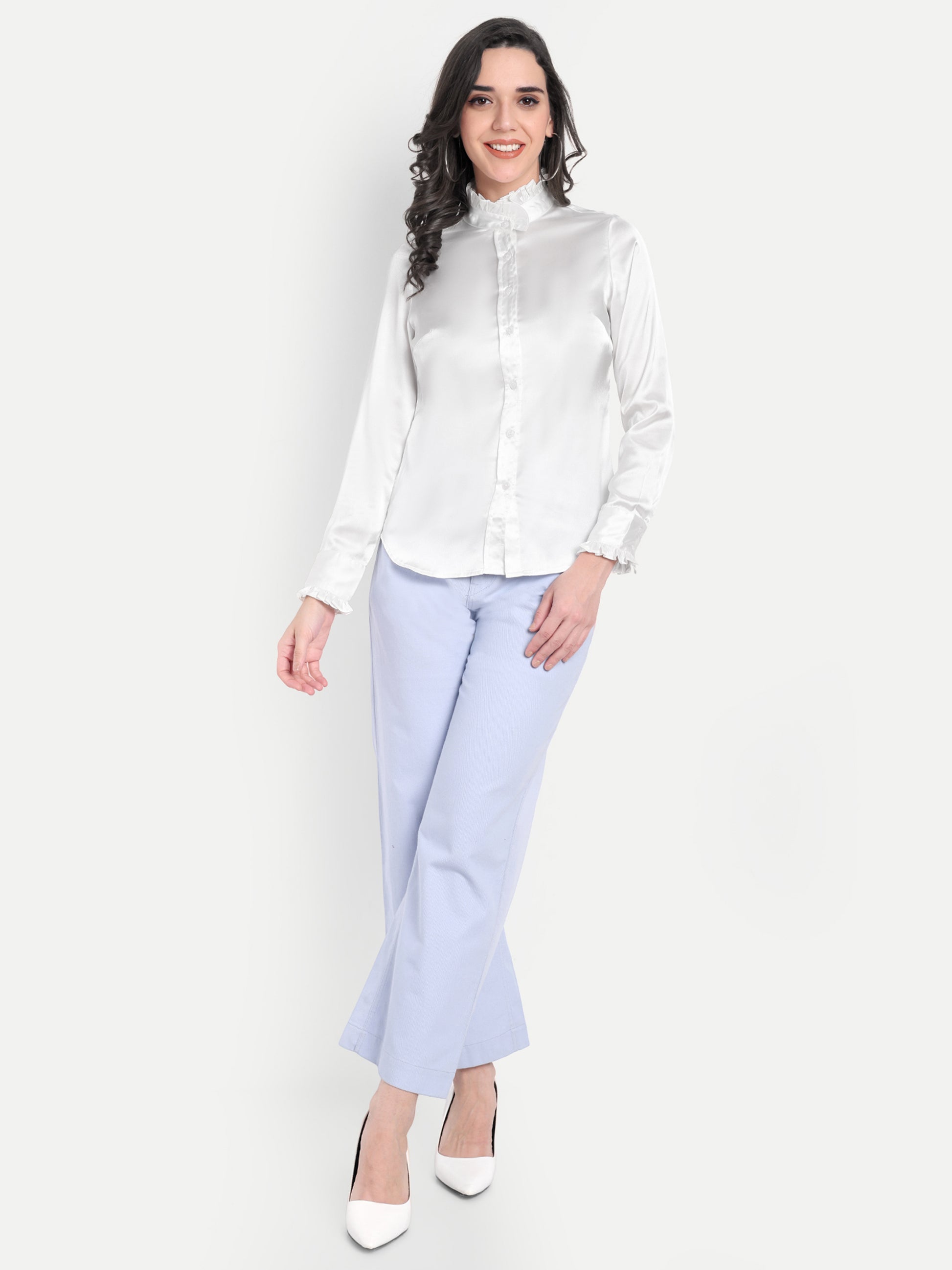 Women's white Ruffle Collar Shirt | Elegant Formal & Casual Top with Long Sleeves