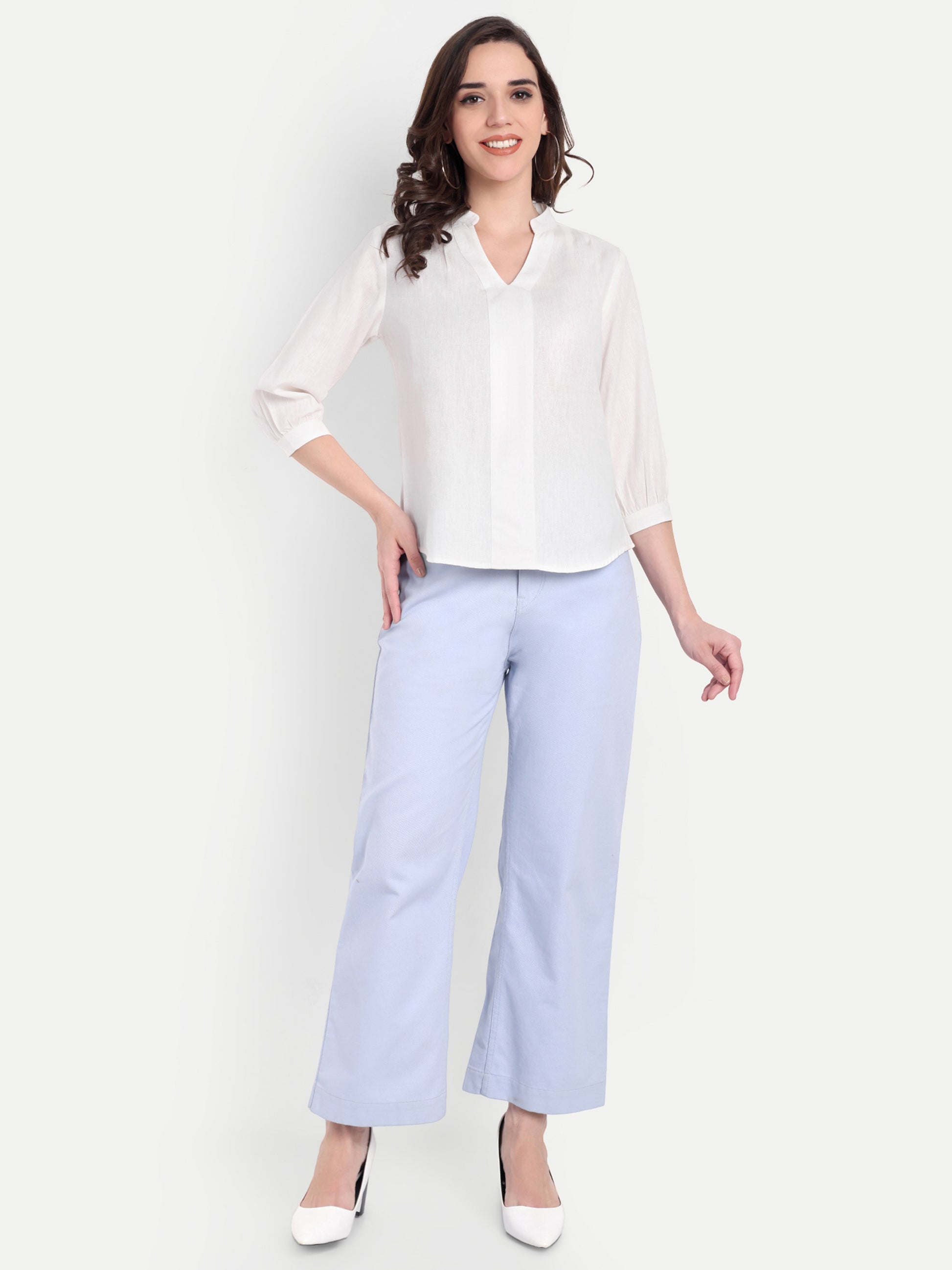 Women's White V-Neck 3/4 Sleeve Top | Lightweight Cotton Blend | Elegant Everyday Wear