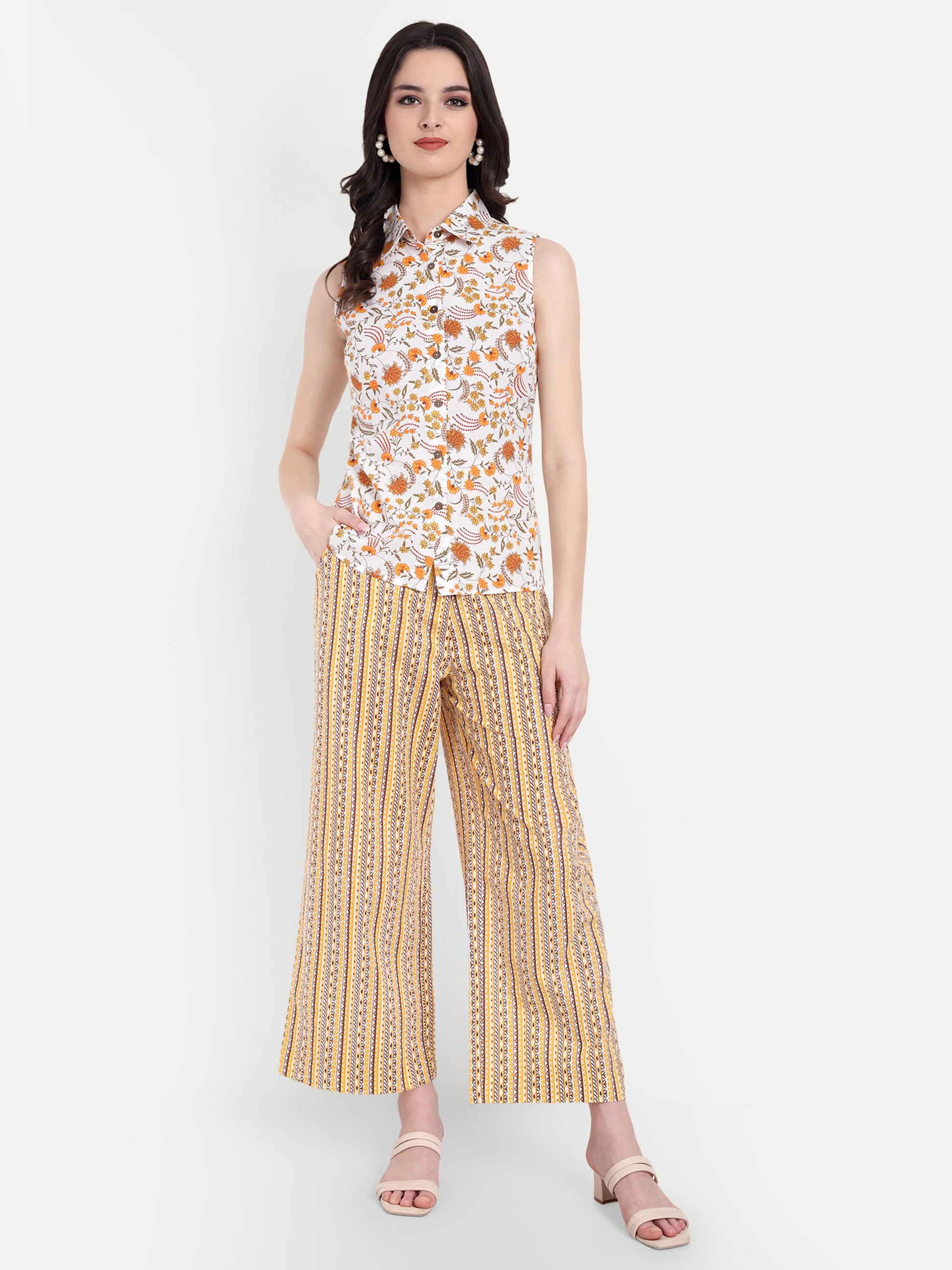 Women's Yellow Floral Sleeveless Shirt with Pink Printed Wide-Leg Pants | Comfortable Summer Co-ord Sets