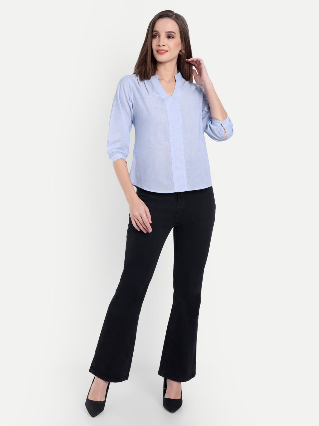 Women's Light Blue V-Neck 3/4 Sleeve Top | Lightweight Cotton Blend | Elegant Everyday Wear