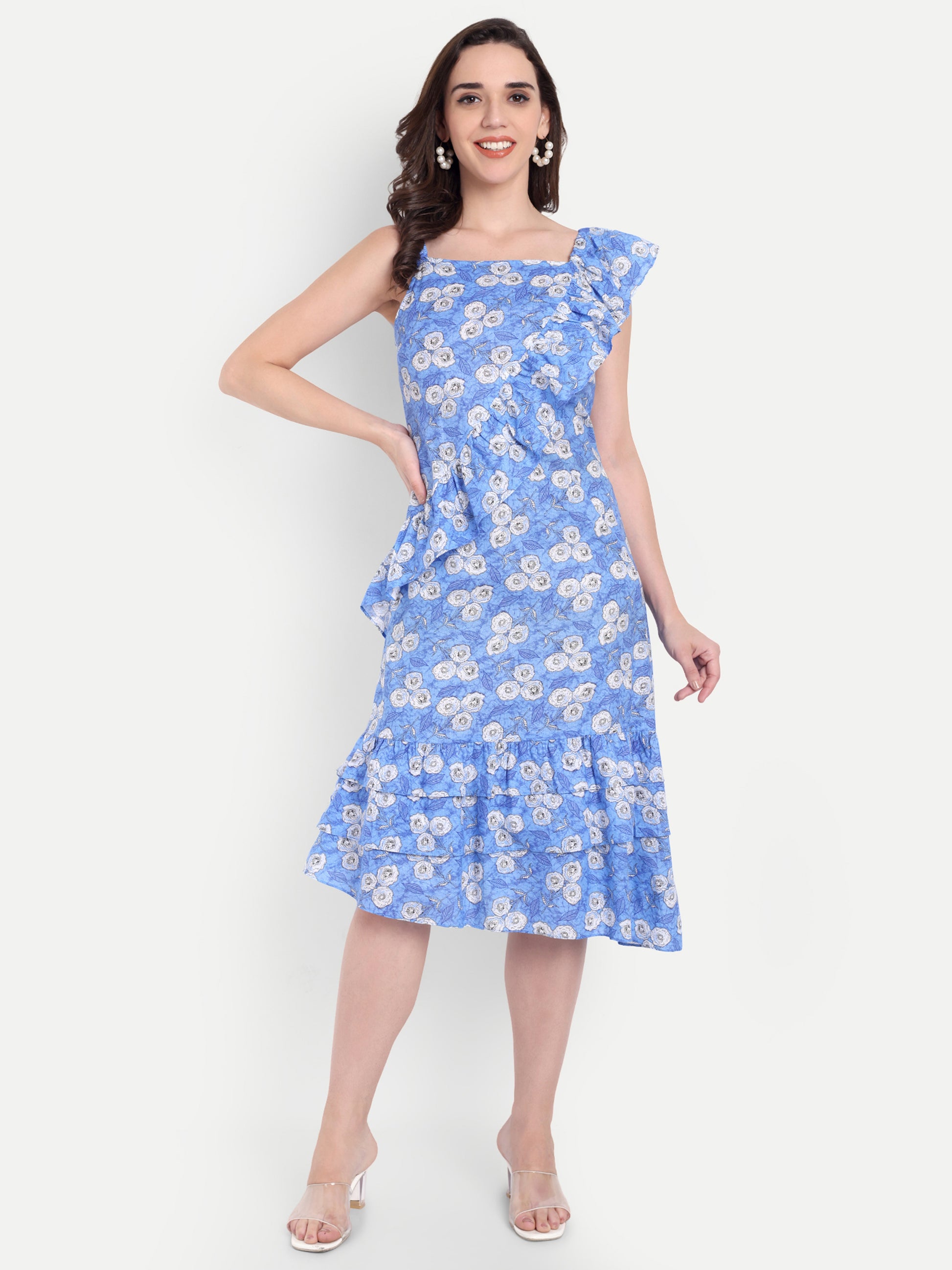 Women's Blue Printed One-Shoulder Ruffle Dress | Sleeveless | Stylish Summer & Party Wear