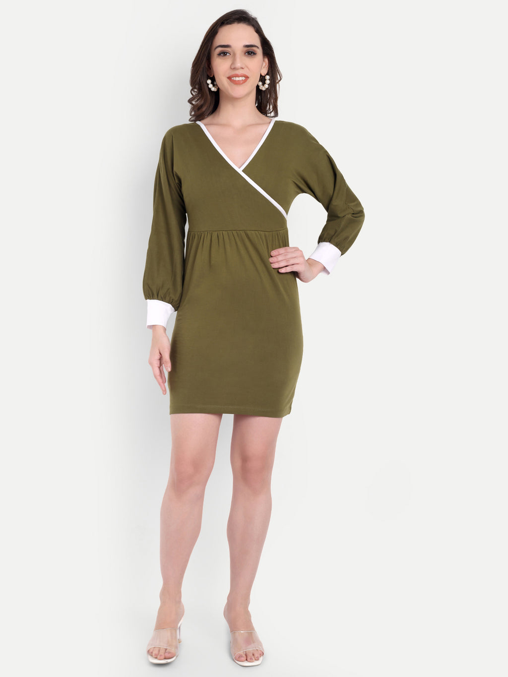 Women's Olive Bodycon Mini Dress | V-Neck | Long Sleeve | Casual & Party Wear
