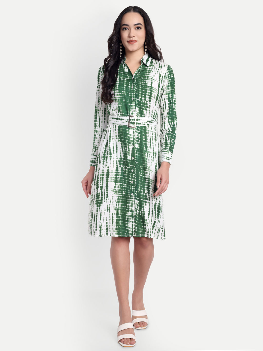 Green & White Tie-Dye Shirt Dress with Belt