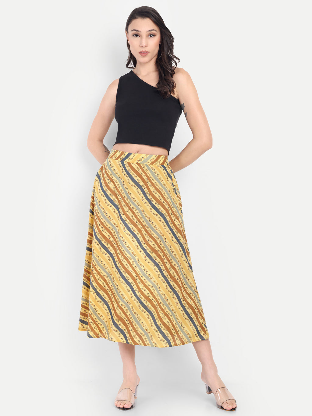 Women's Yellow Striped A-Line Midi Skirt | Casual & Party Wear