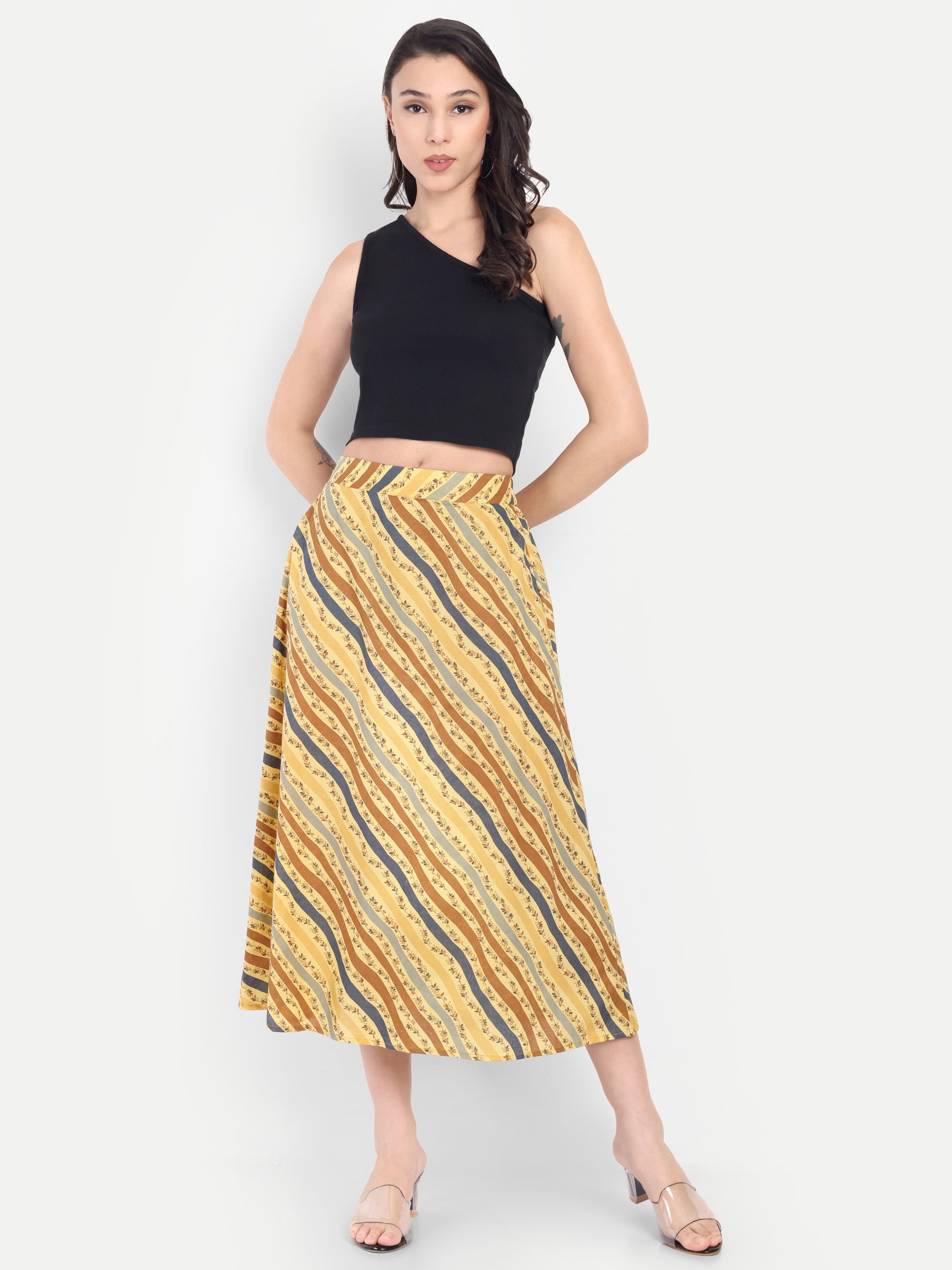Women's Yellow Striped A-Line Midi Skirt | Casual & Party Wear