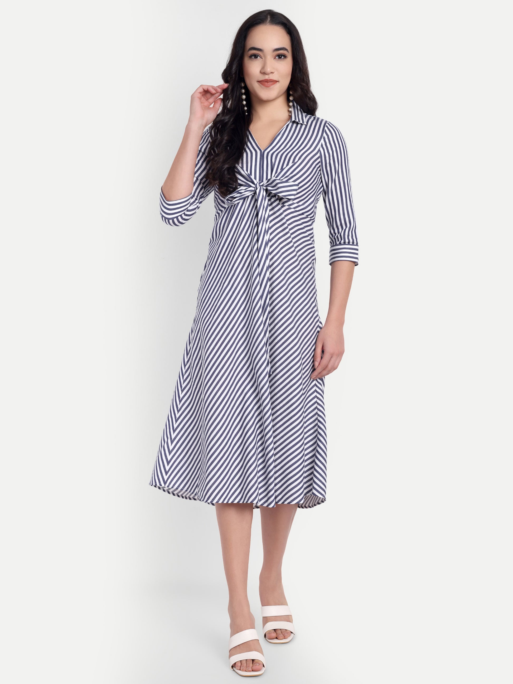 Fairleaf Navy & White Striped Knot Front A-Line Midi Dress