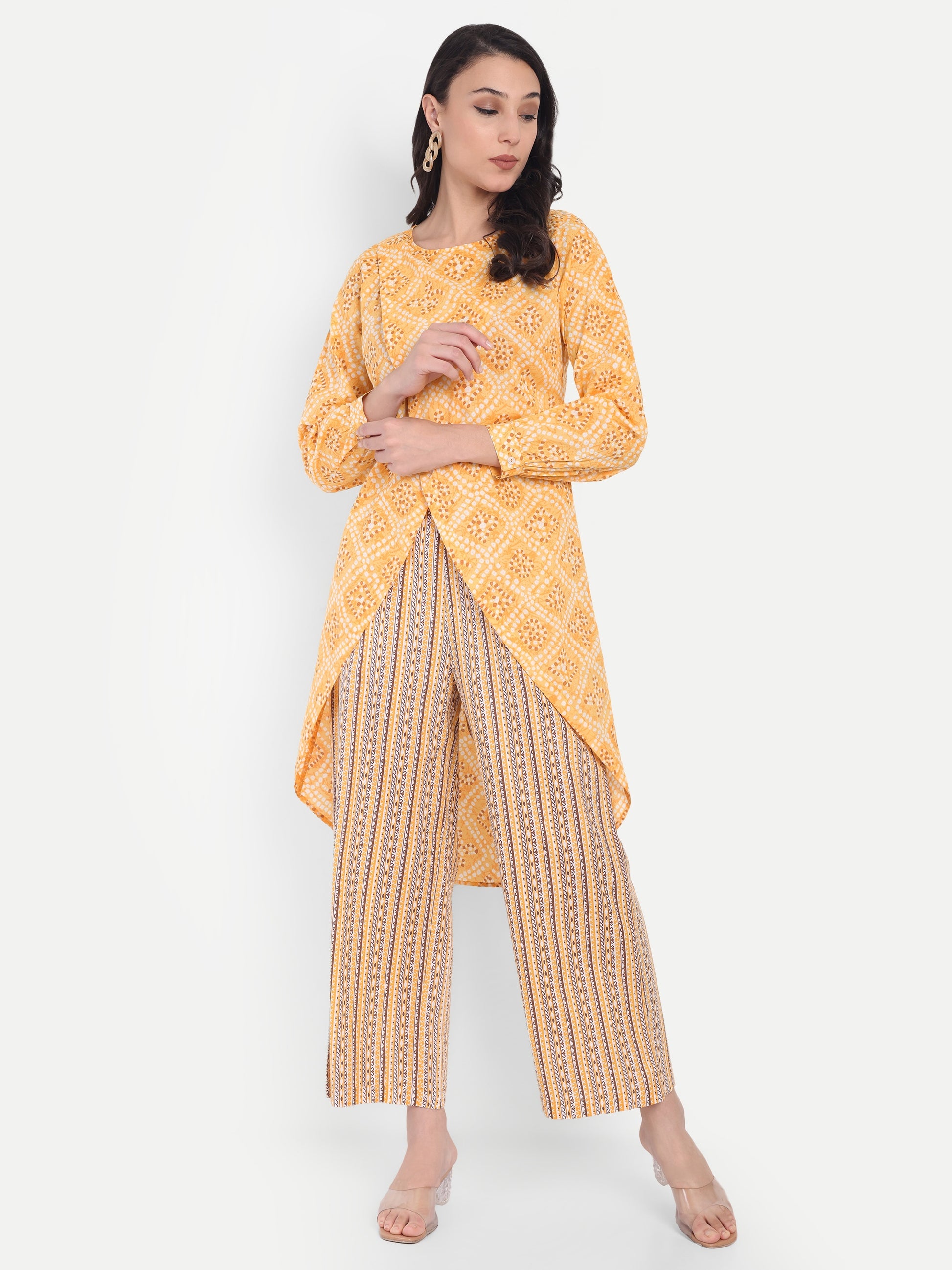 Women's Yellow Printed Ethnic Co-ord Set | Asymmetrical Long Kurta with Wide-Leg Pants