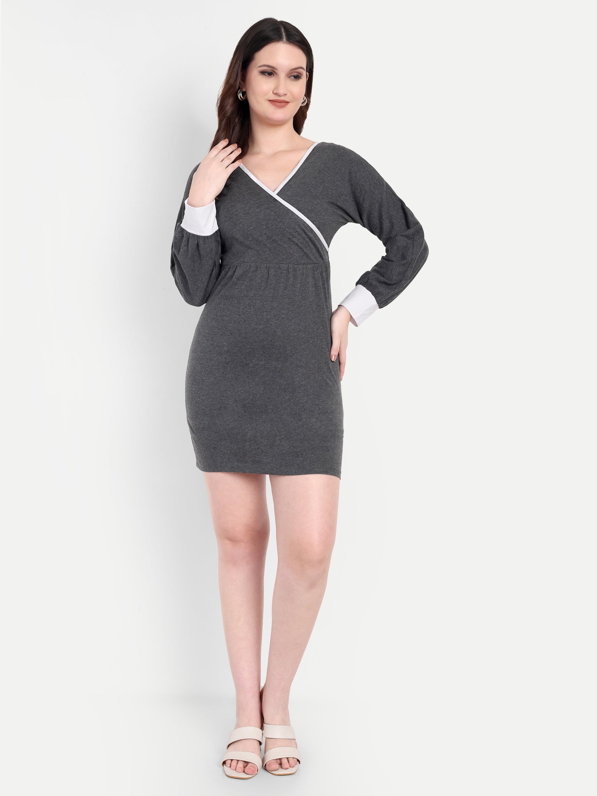 Women's GreyBodycon Mini Dress | V-Neck | Long Sleeve | Casual & Party Wear