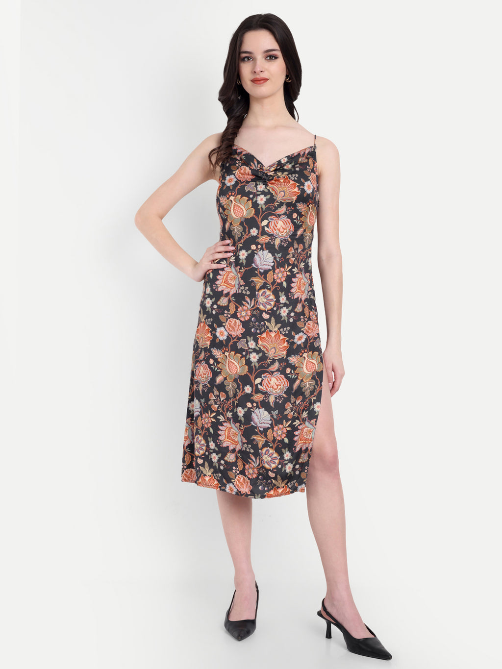 Women's Floral Print Slip Dress with Side Slit | Elegant Midi Dress for Party Wear & Casual Wear