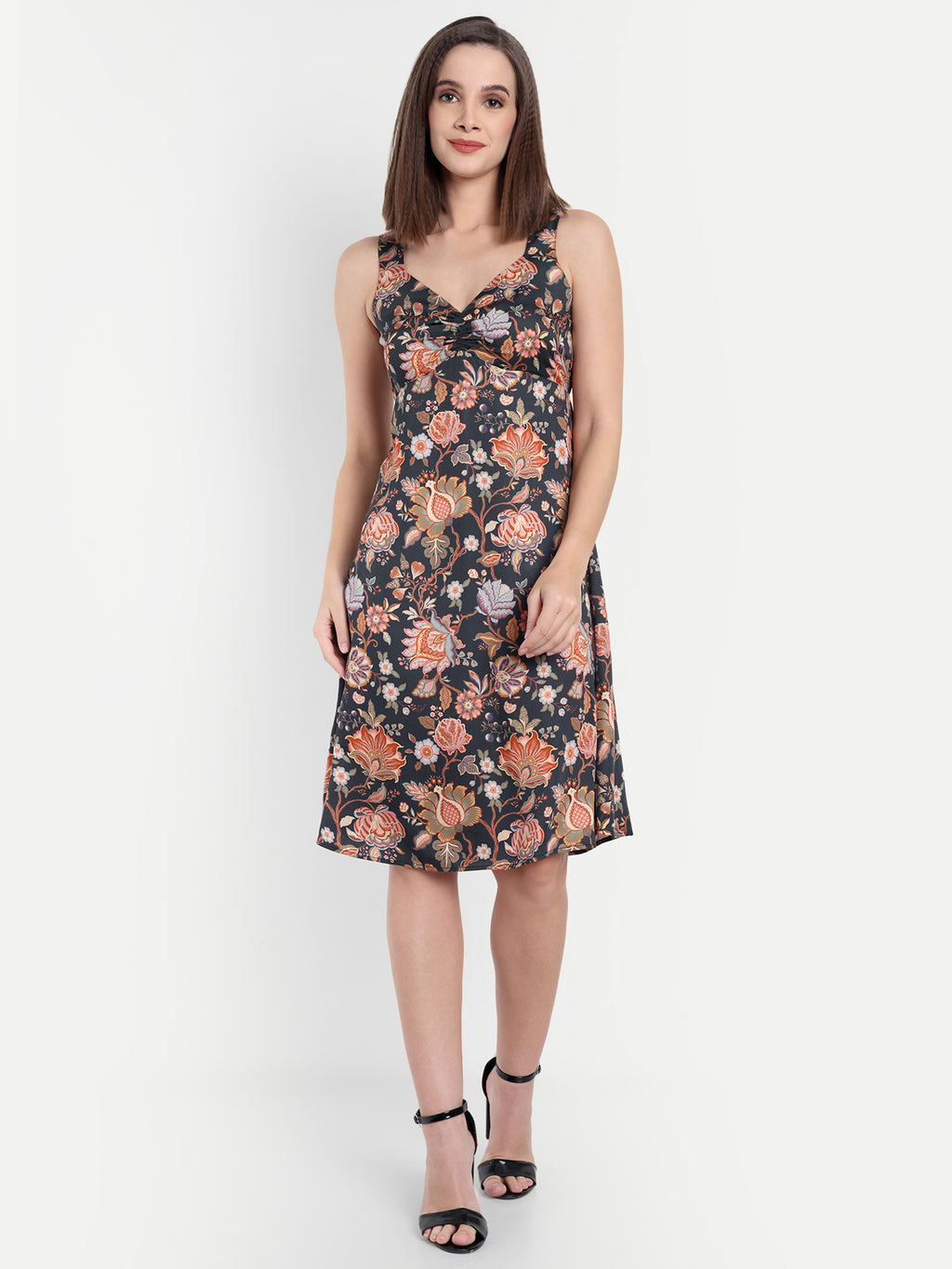 Women's Black multicolor  Floral Sleeveless A-Line Mini Dress | Elegant Textured Party Wear