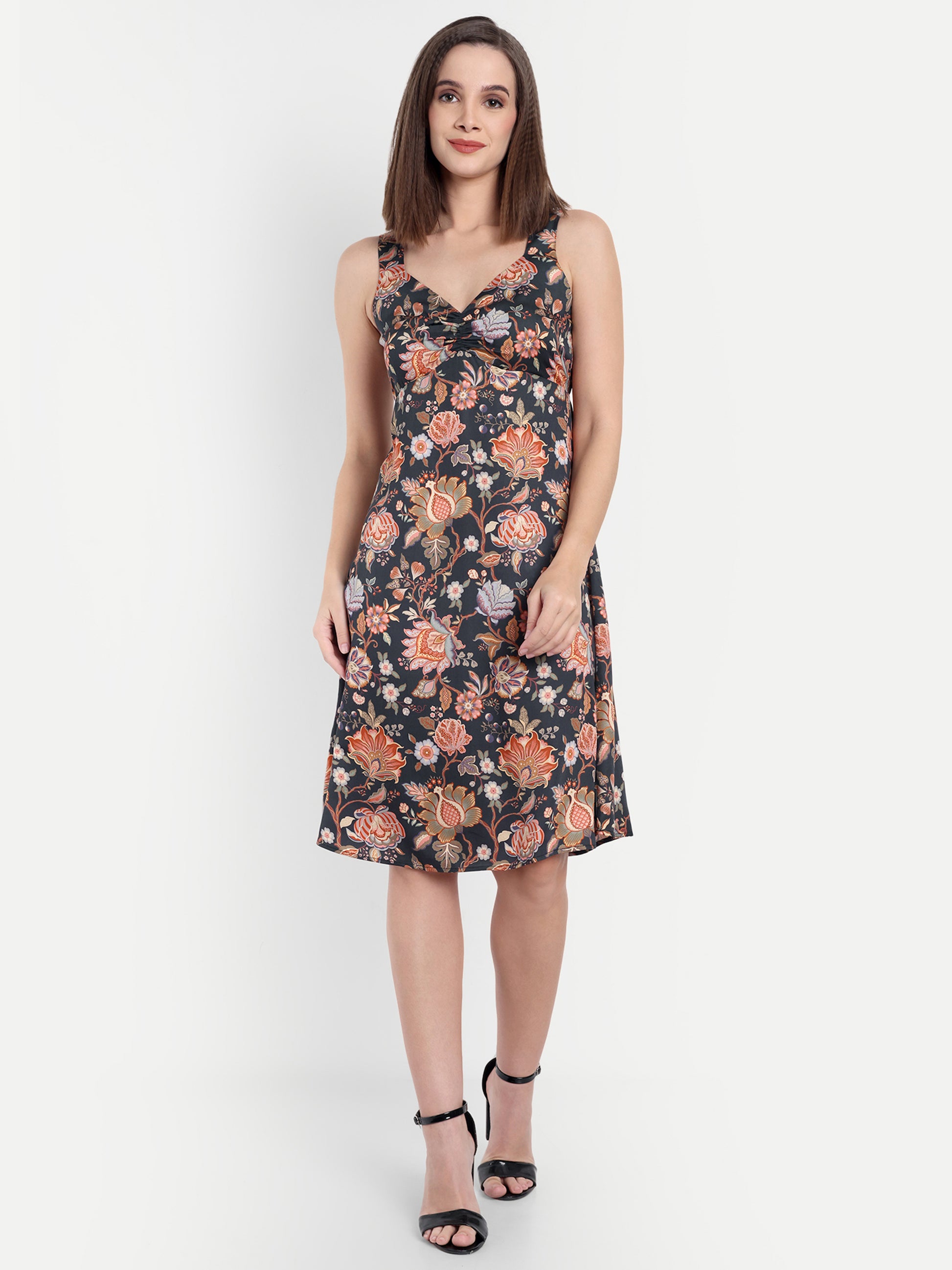 Women's Black multicolor  Floral Sleeveless A-Line Mini Dress | Elegant Textured Party Wear