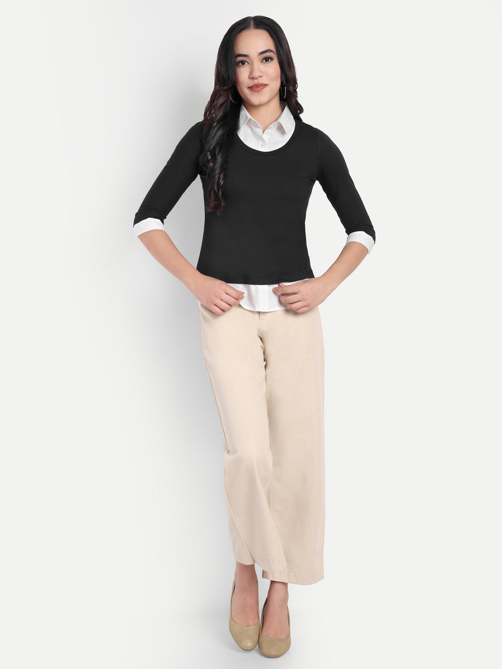 Women's Black Layered Look Top with white Shirt Collar & 3/4 Sleeves