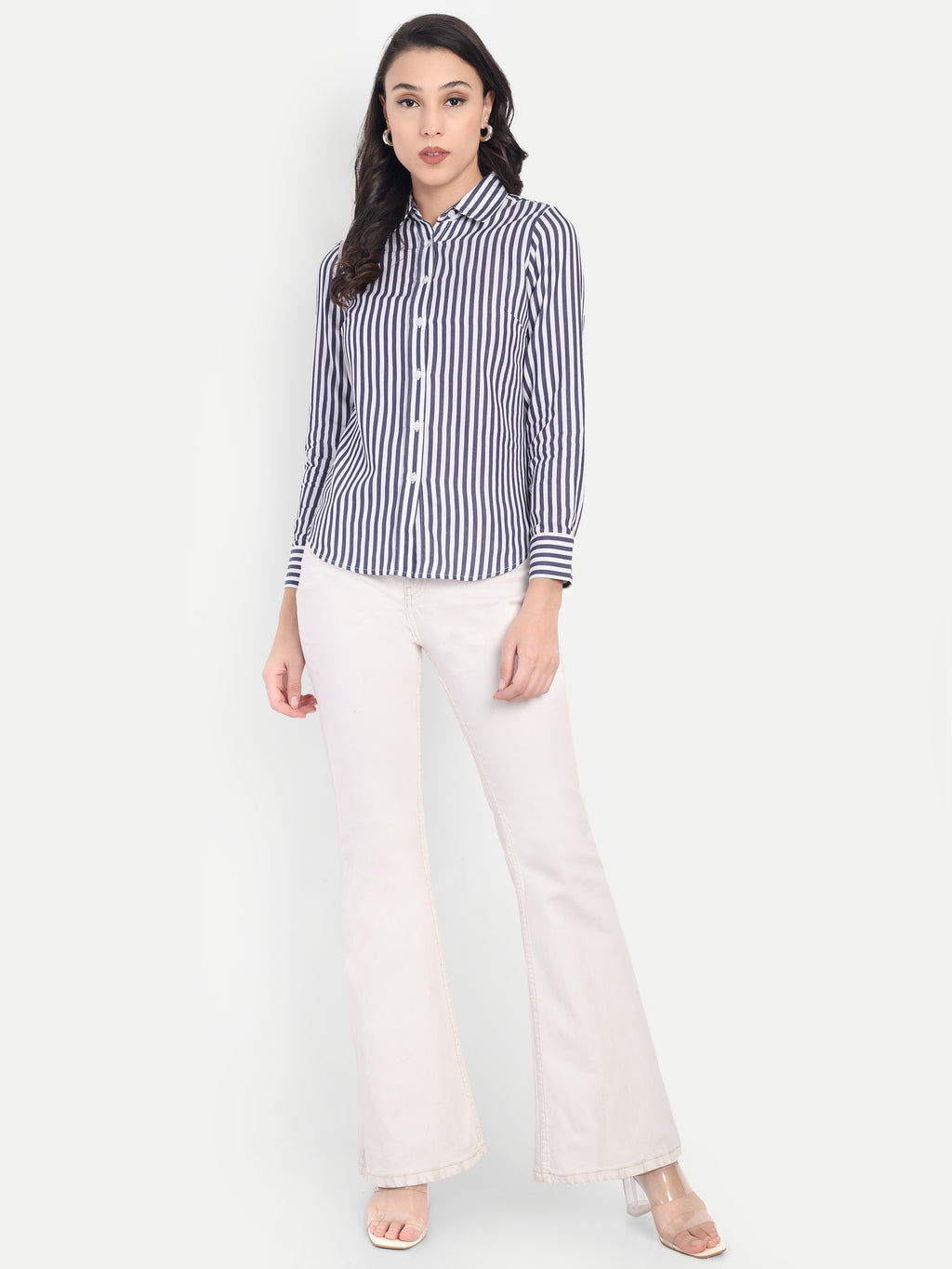 Women's Navy Blue & White Vertical Striped Shirt – Long Sleeve | Button-Down | Formal & Casual Wear