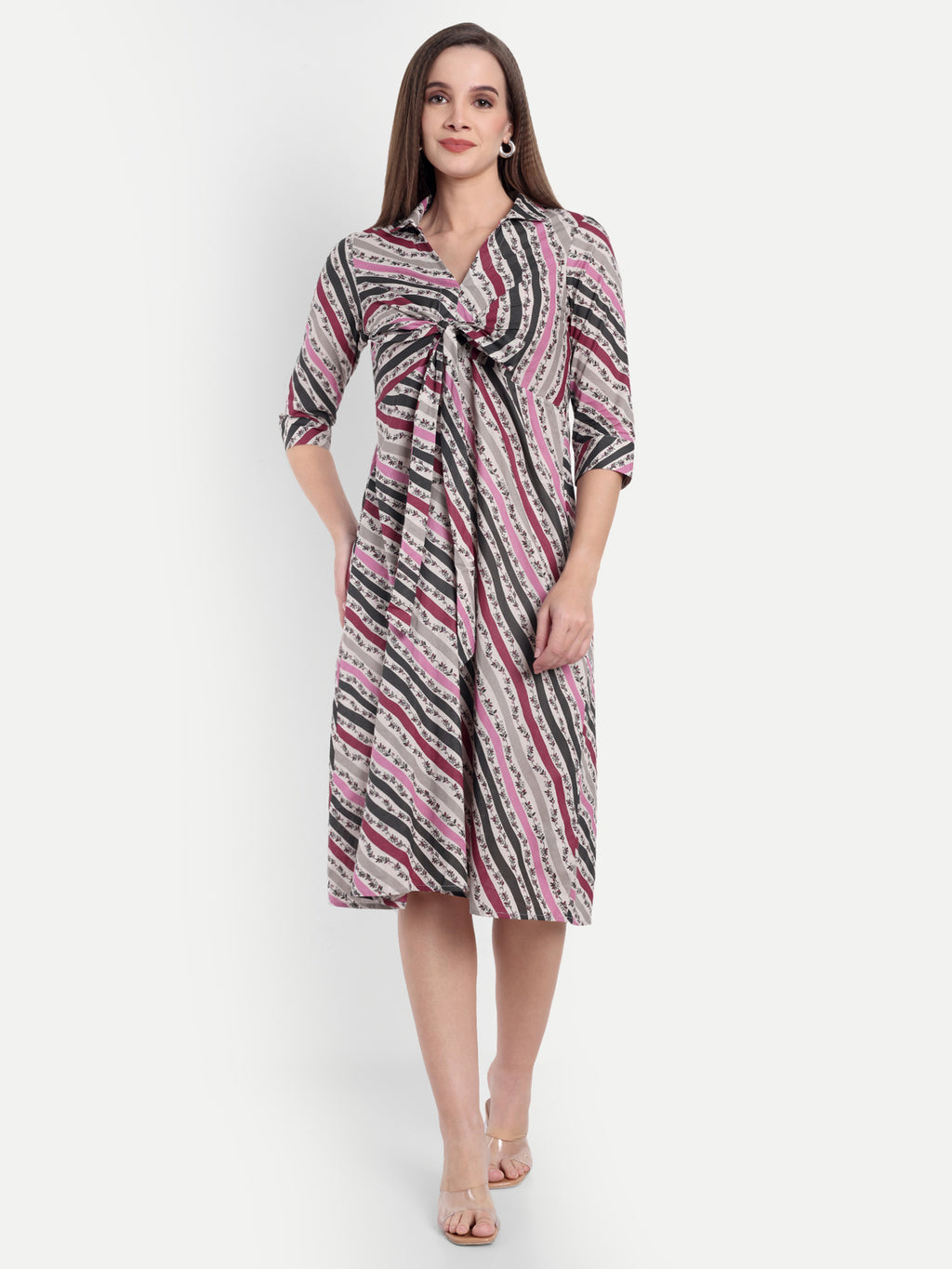 Women's Multicolor Striped Knee-Length Dress | Front Knot Detail | Casual & Party Wear