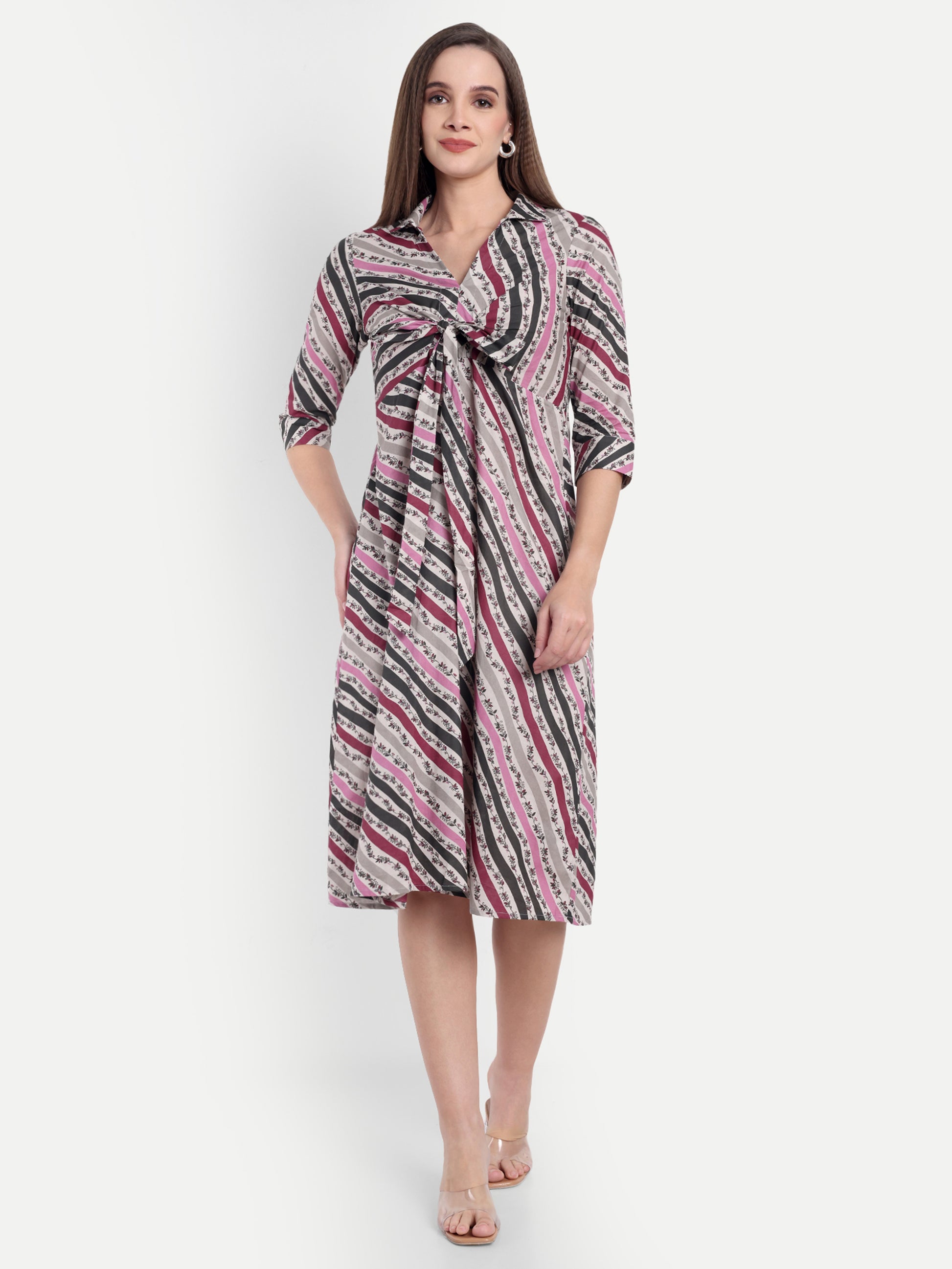 Women's Multicolor Striped Knee-Length Dress | Front Knot Detail | Casual & Party Wear