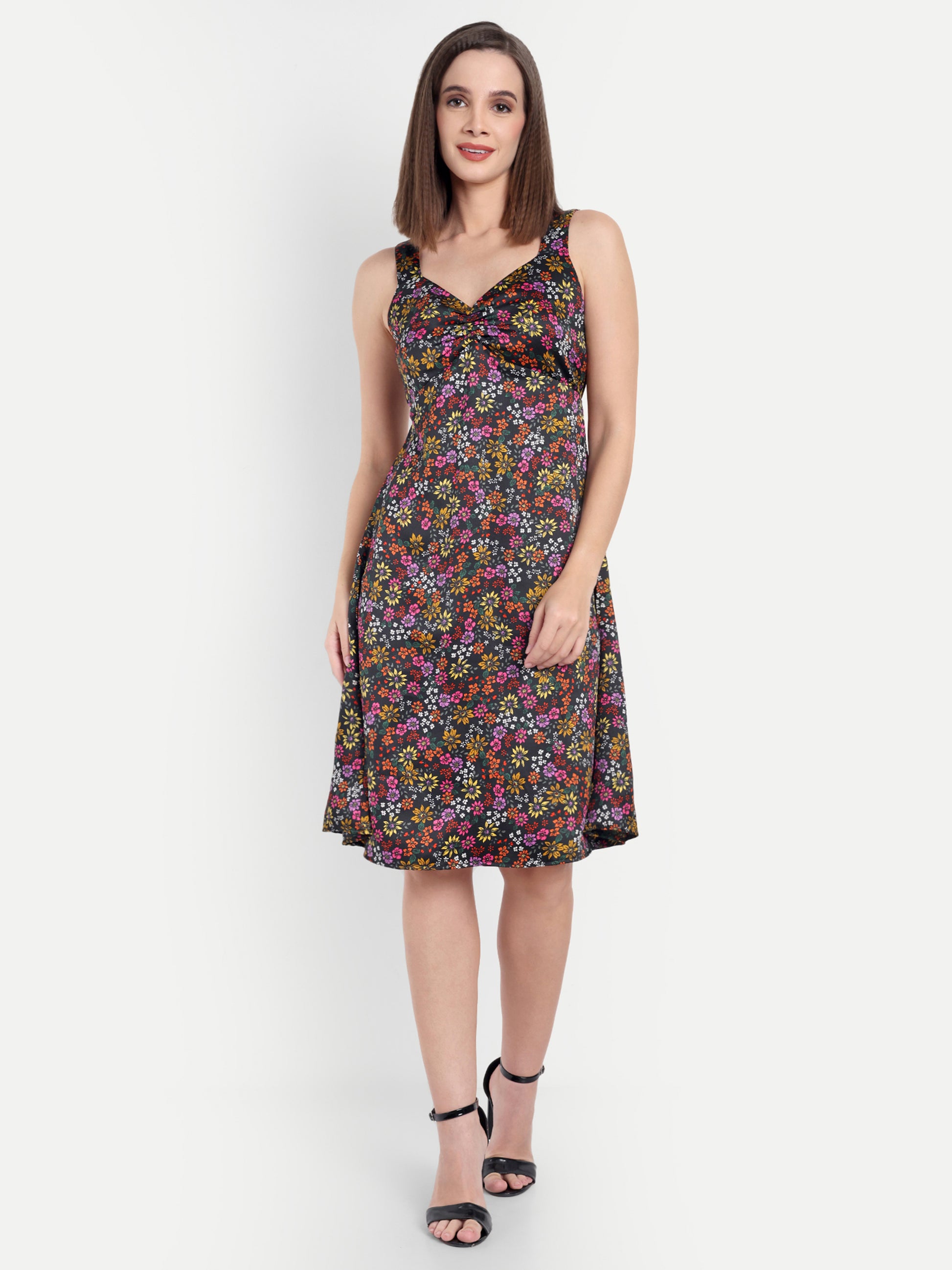 Women's Multicolor Floral Sleeveless A-Line Mini Dress | Elegant Textured Party Wear