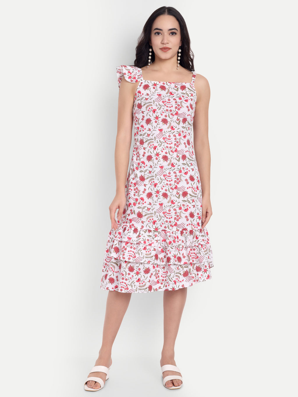 White & Pink Floral Ruffle Hem Midi Dress with One-Shoulder Bow Strap