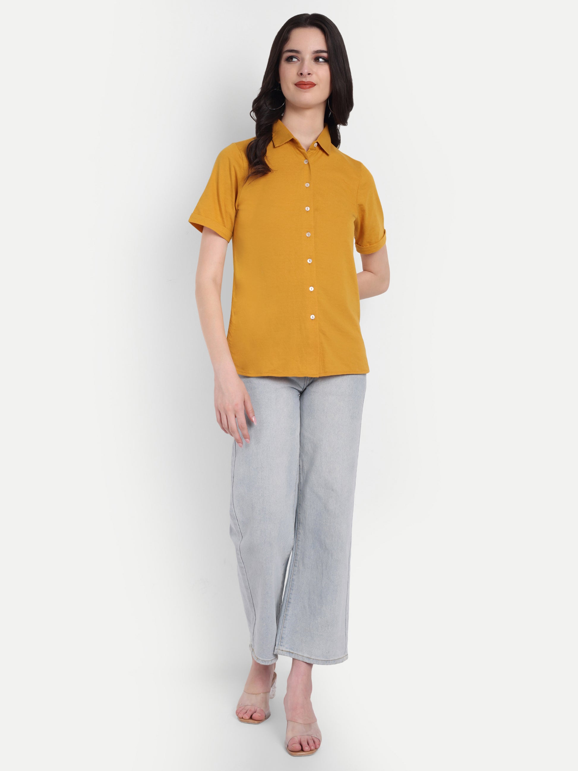 Women's Mustard Yellow Cotton Casual Shirt – Short Sleeve | Button Down | Lightweight