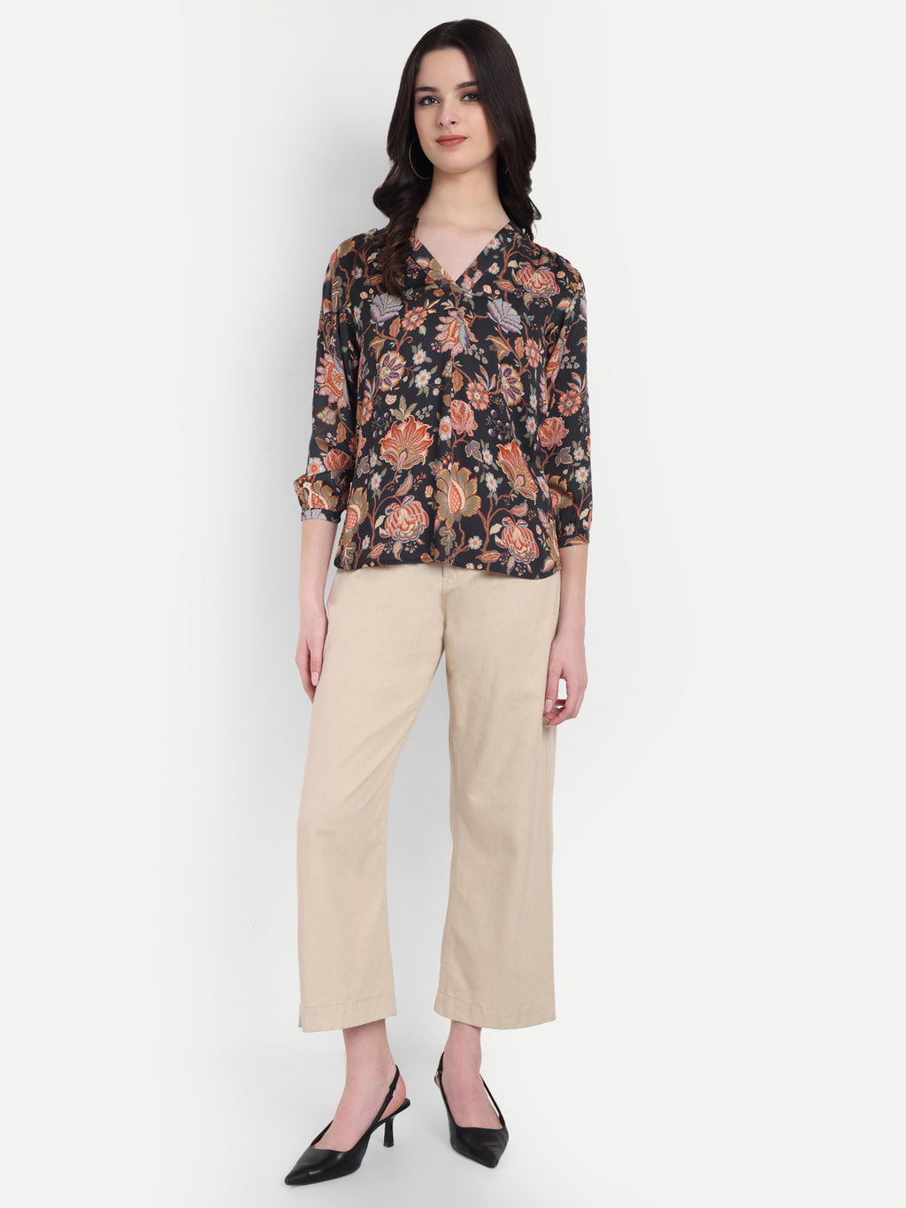 Women's  Black Floral Print V-Neck Top | 3/4 Sleeves | Stylish Casual & Party Wear