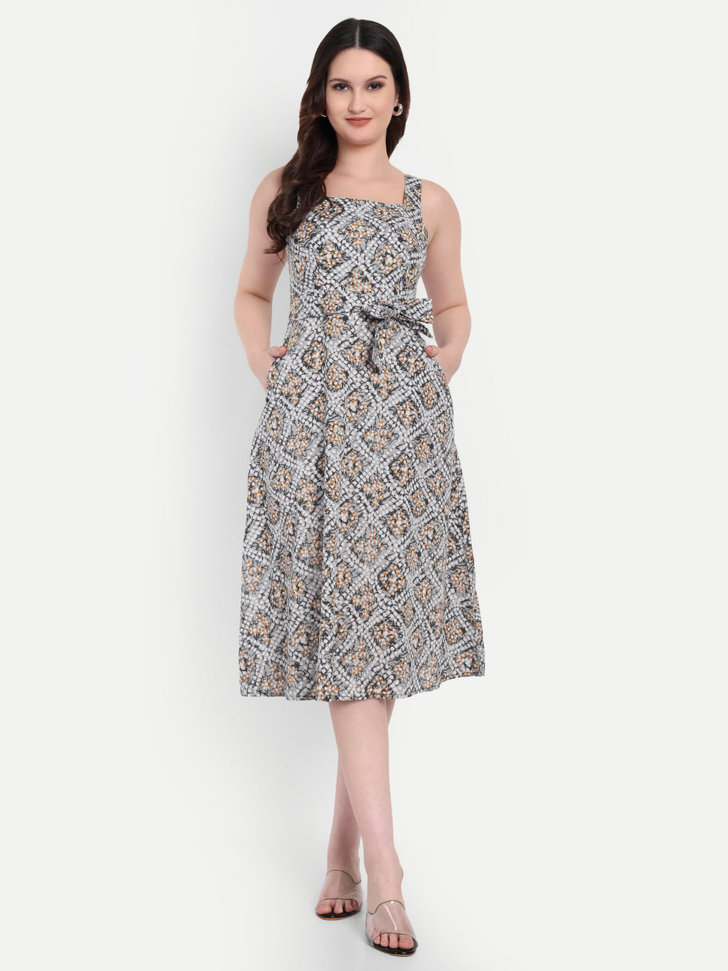 Women's Grey & White Floral Halter Neck Top with Waist Tie | Sleeveless Casual Wear