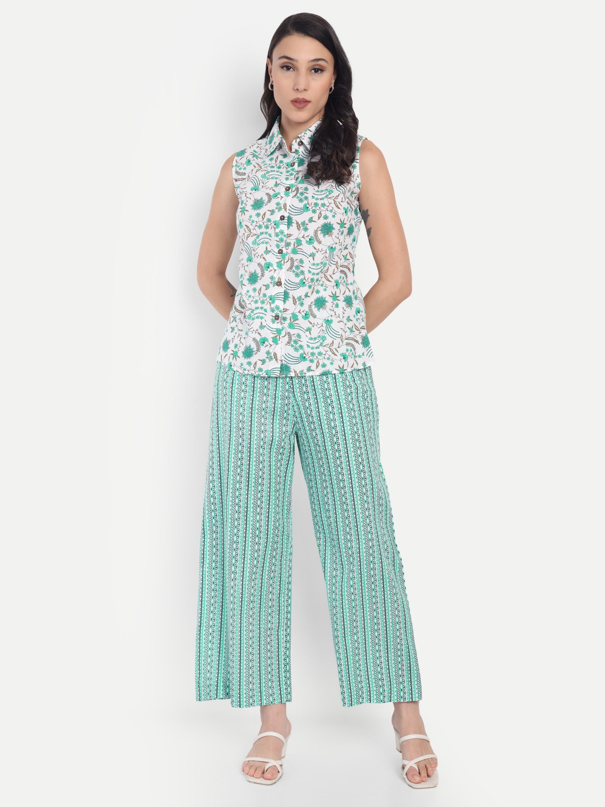 Women's White & Green Floral Sleeveless Shirt with Pink Printed Wide-Leg Pants | Comfortable Summer Co-ord Set