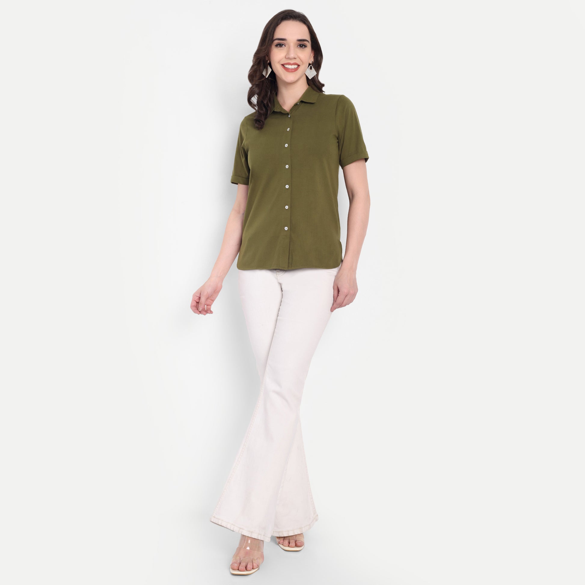 Women's Olive Casual Shirt – Short Sleeve | Button Down | Lightweight