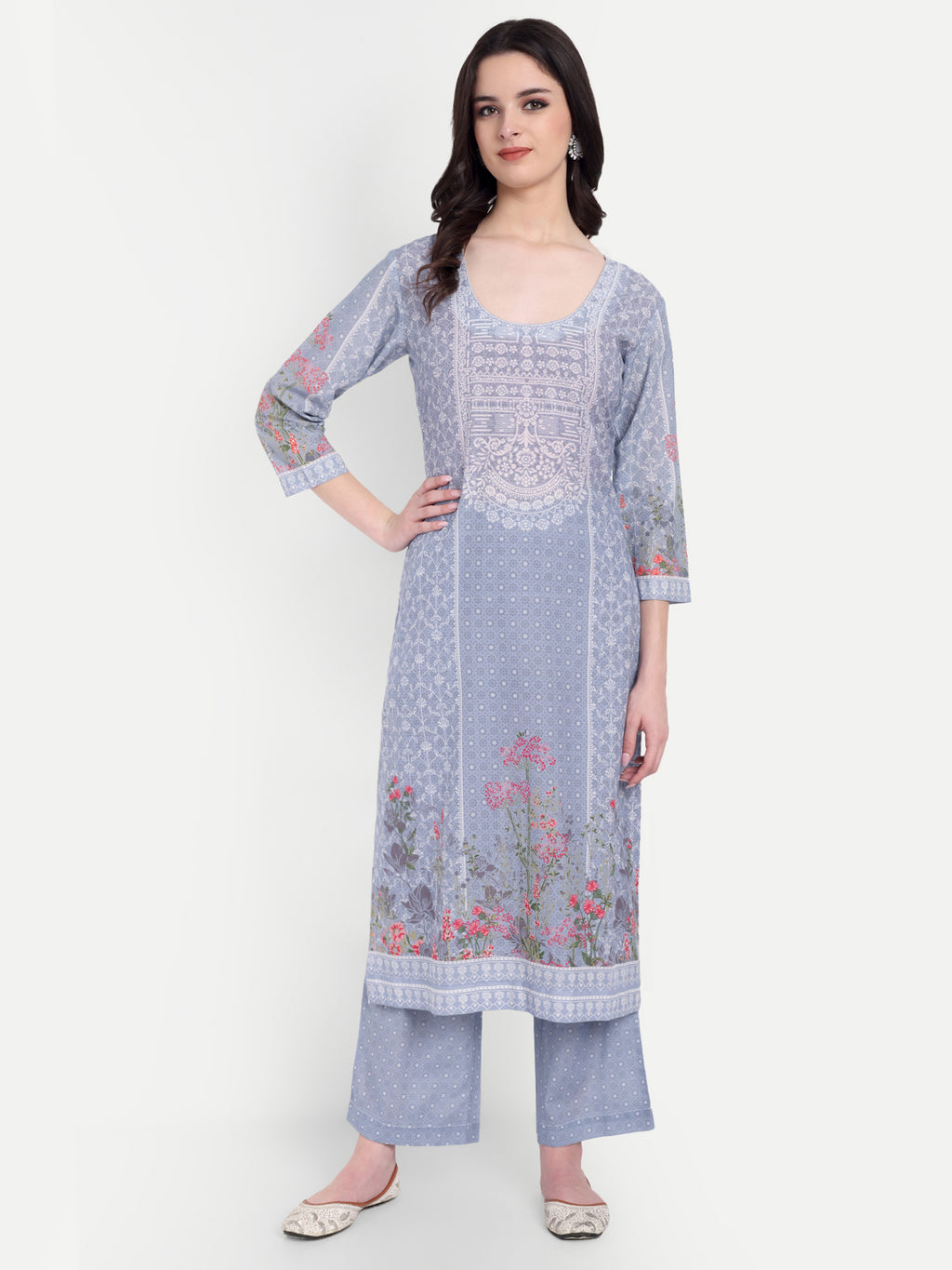 Women's Grey And White Floral Printed Kurta with Straight Pants | Cotton Blend | Ethnic Wear