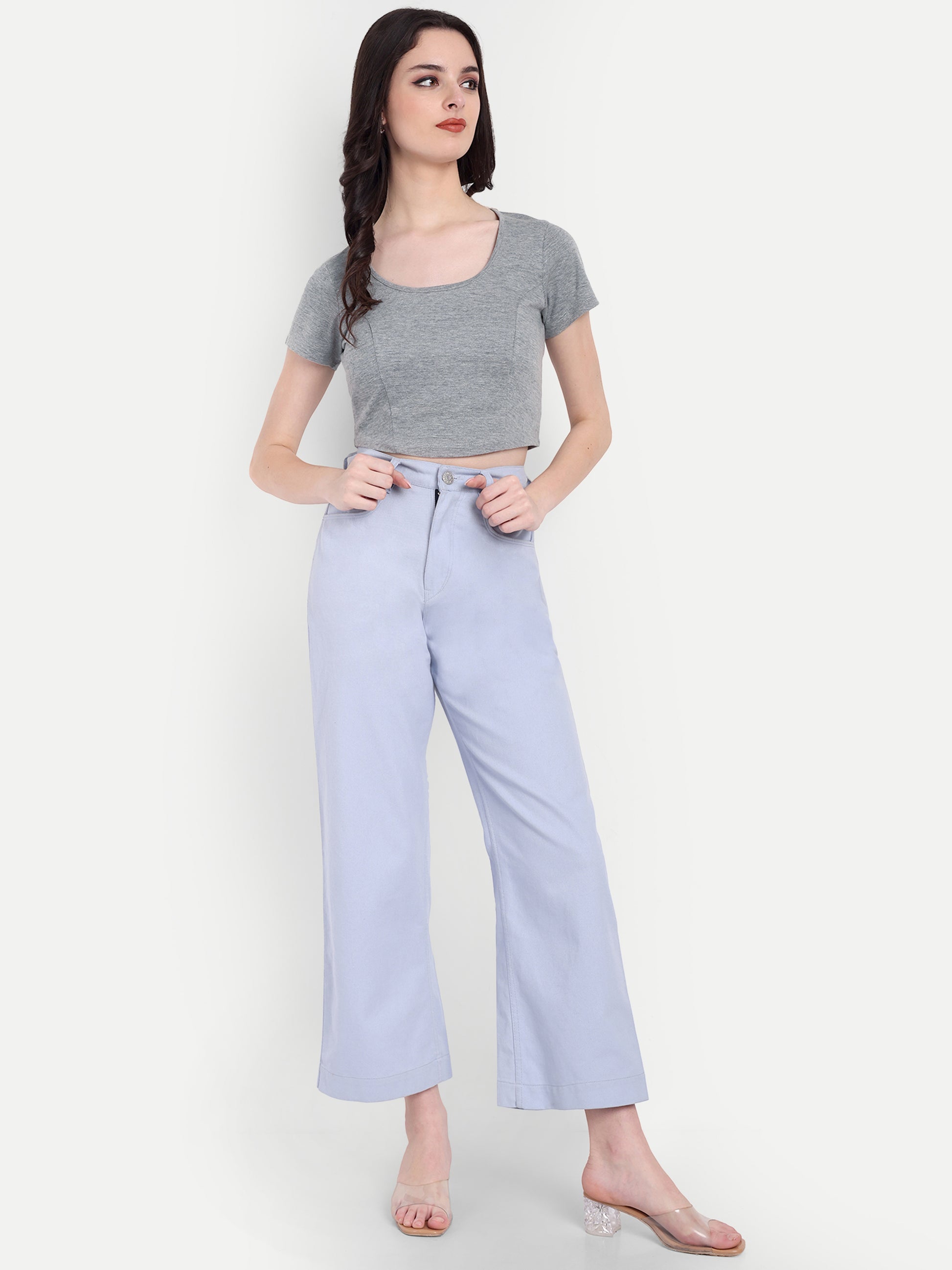 Women's Grey Crop Top with Scoop Neck & Short Sleeves