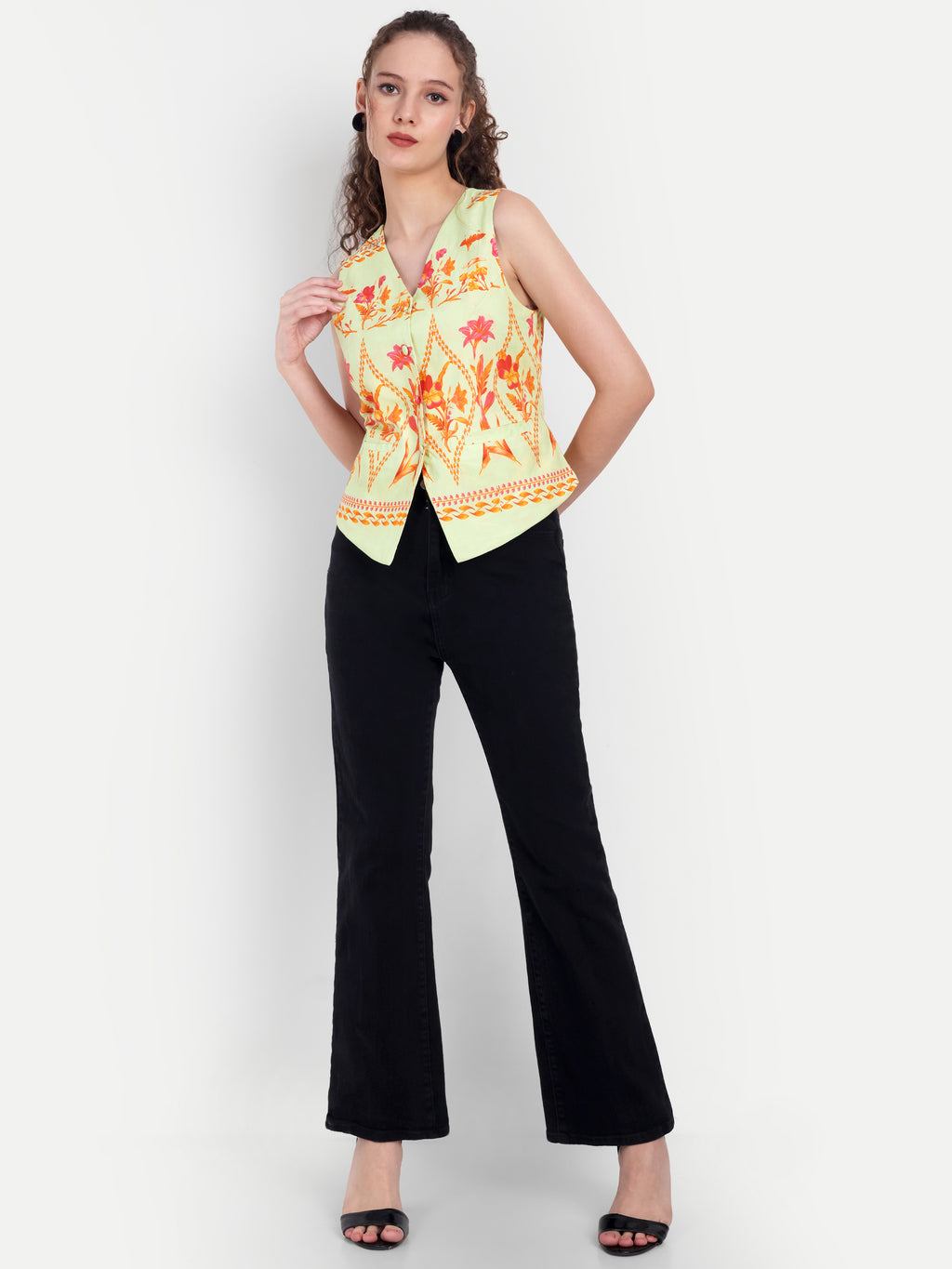 FairLeaf Women's V-Neck Sleeveless Waist Top – |100% Pure Cotton|Lightweight Relaxed Fit with Abstract Paisley Print – Stylish Casual Summer Western Wear for Women