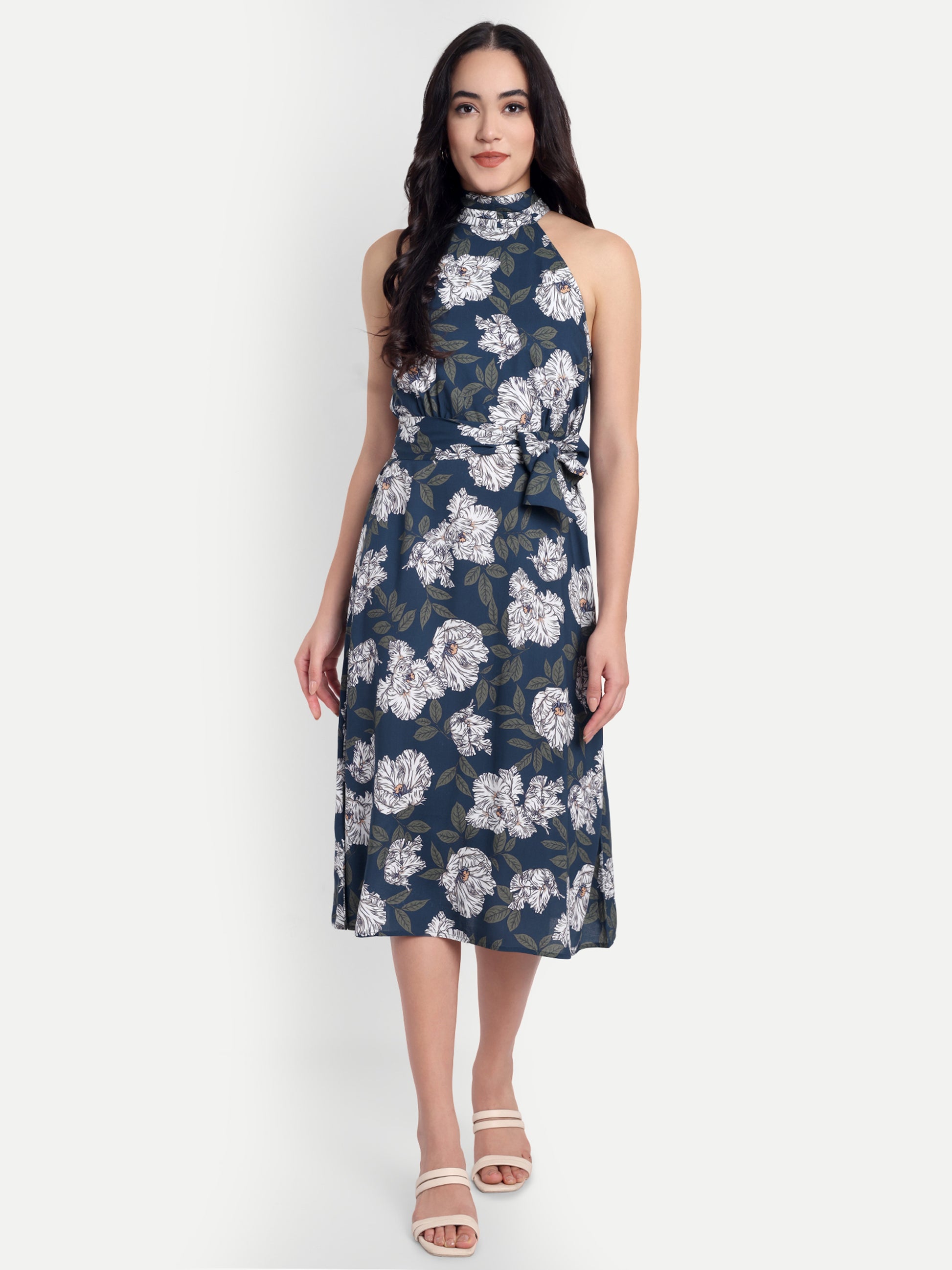 Women's Black & White Floral Halter Neck Midi Dress | Belted Waist | Resort & Summer Wear