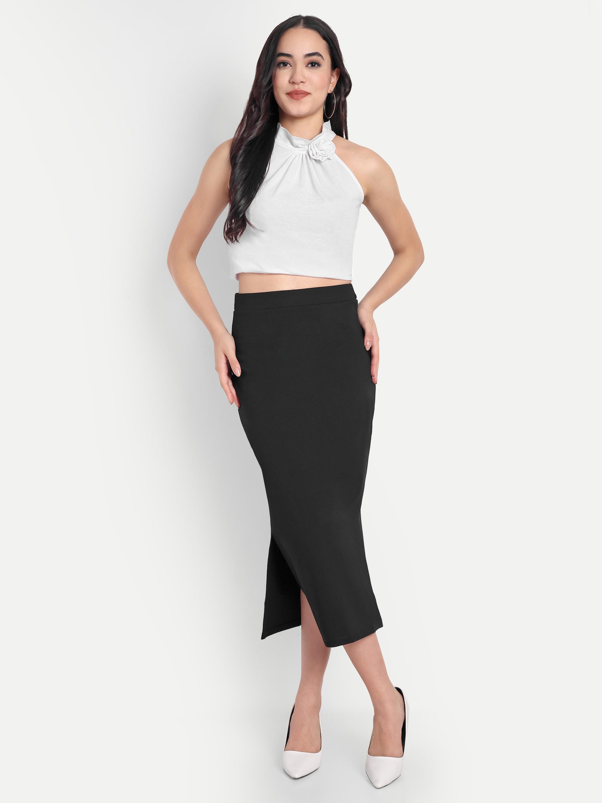 Women's Black Midi Pencil Skirt with Side Slit – High Waist | Elegant Office & Party Wear