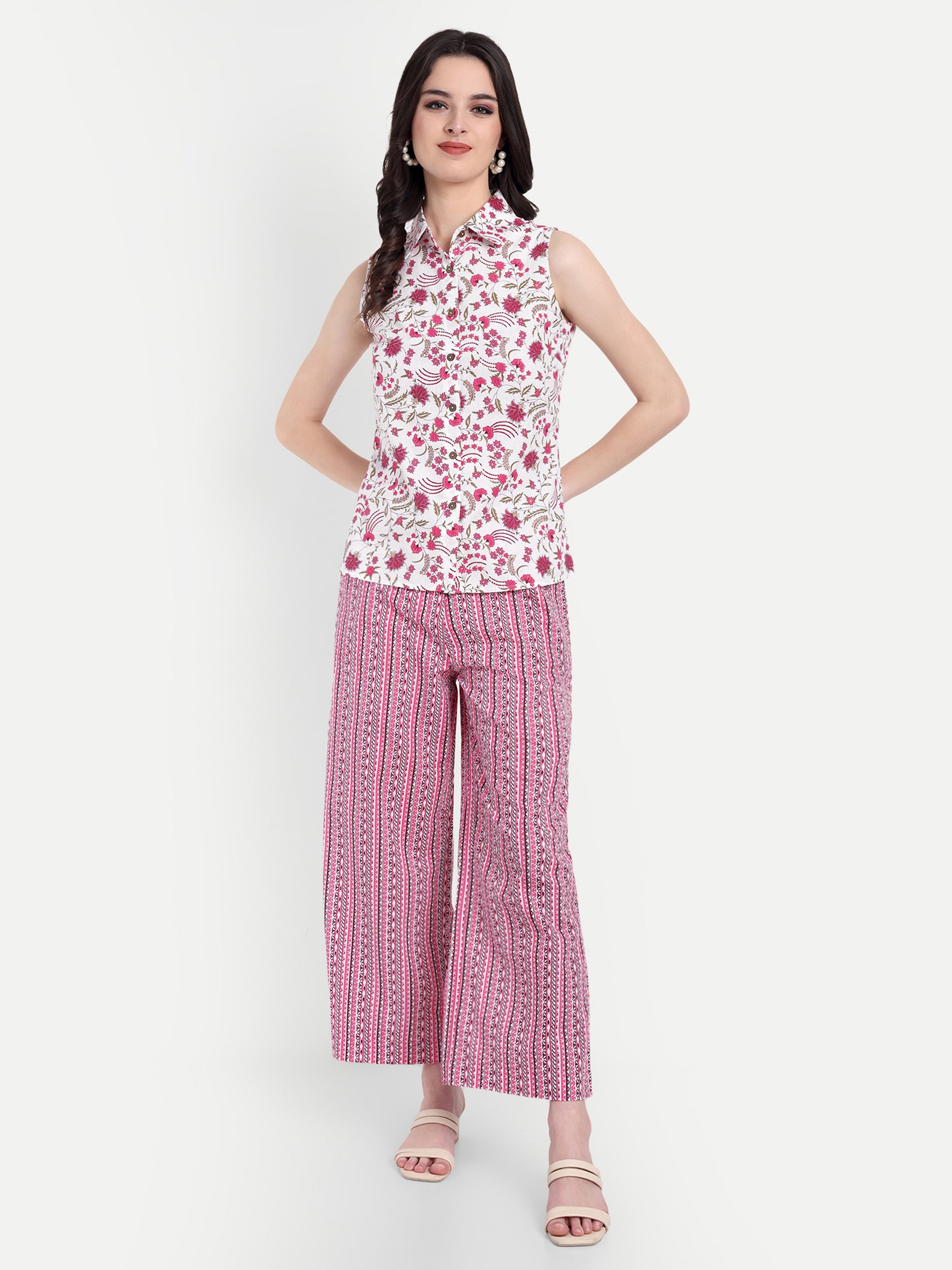 Women's Pink Floral Sleeveless Shirt with Pink Printed Wide-Leg Pants | Comfortable Summer Co-ord Sets