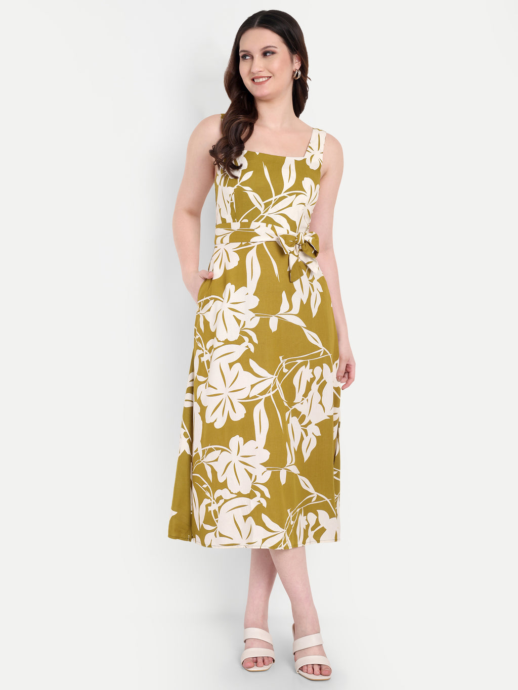 Women's Olive Floral Halter Neck Top with Waist Tie | Sleeveless Casual Wear