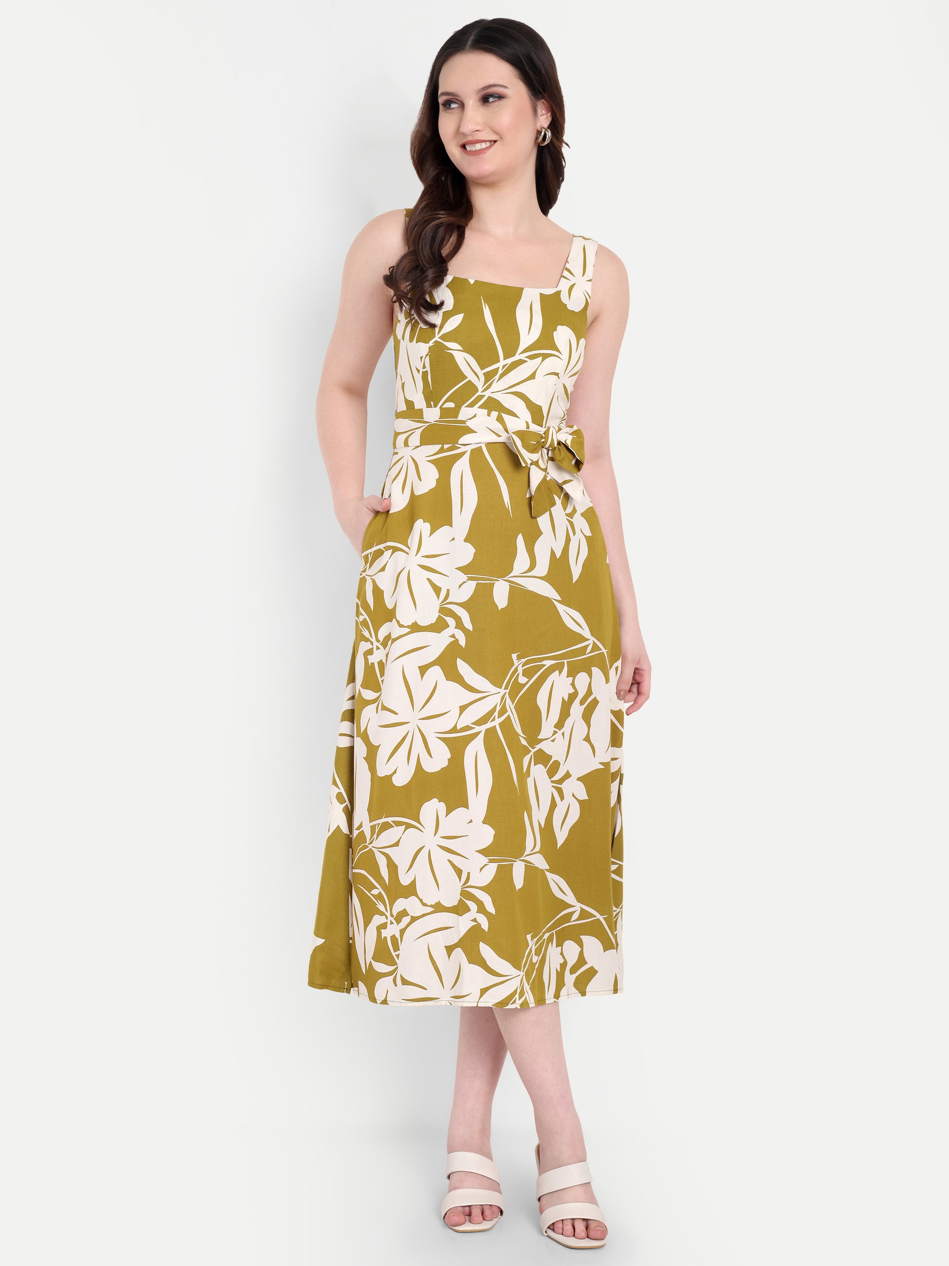 Women's Olive Floral Halter Neck Top with Waist Tie | Sleeveless Casual Wear