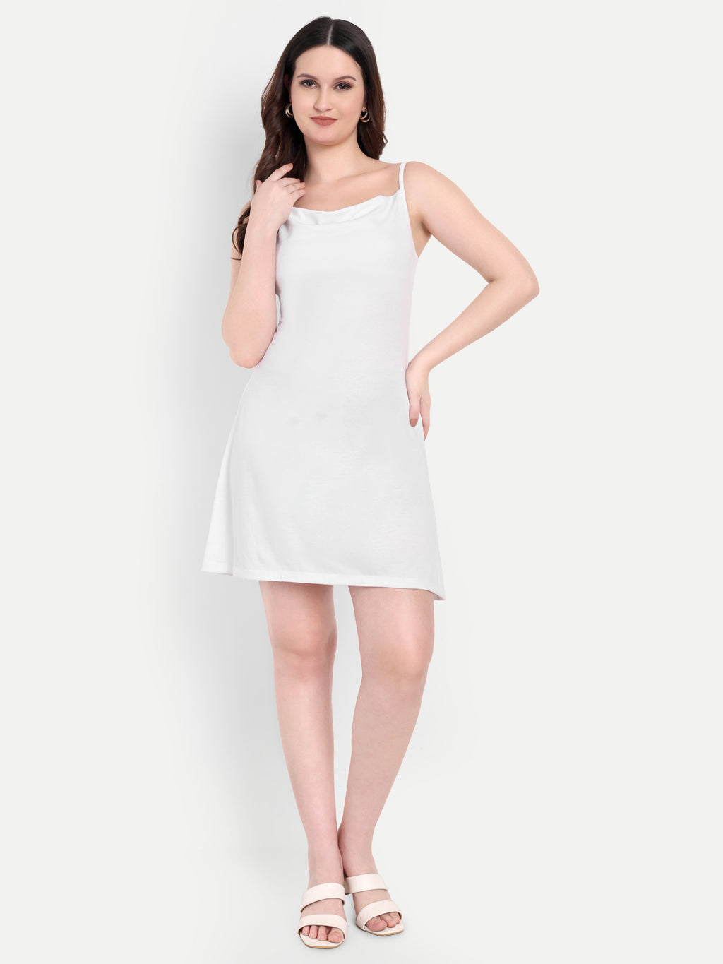 Women's White A-Line Mini Dress | Sleeveless Cowl Neck | Casual & Party Wear