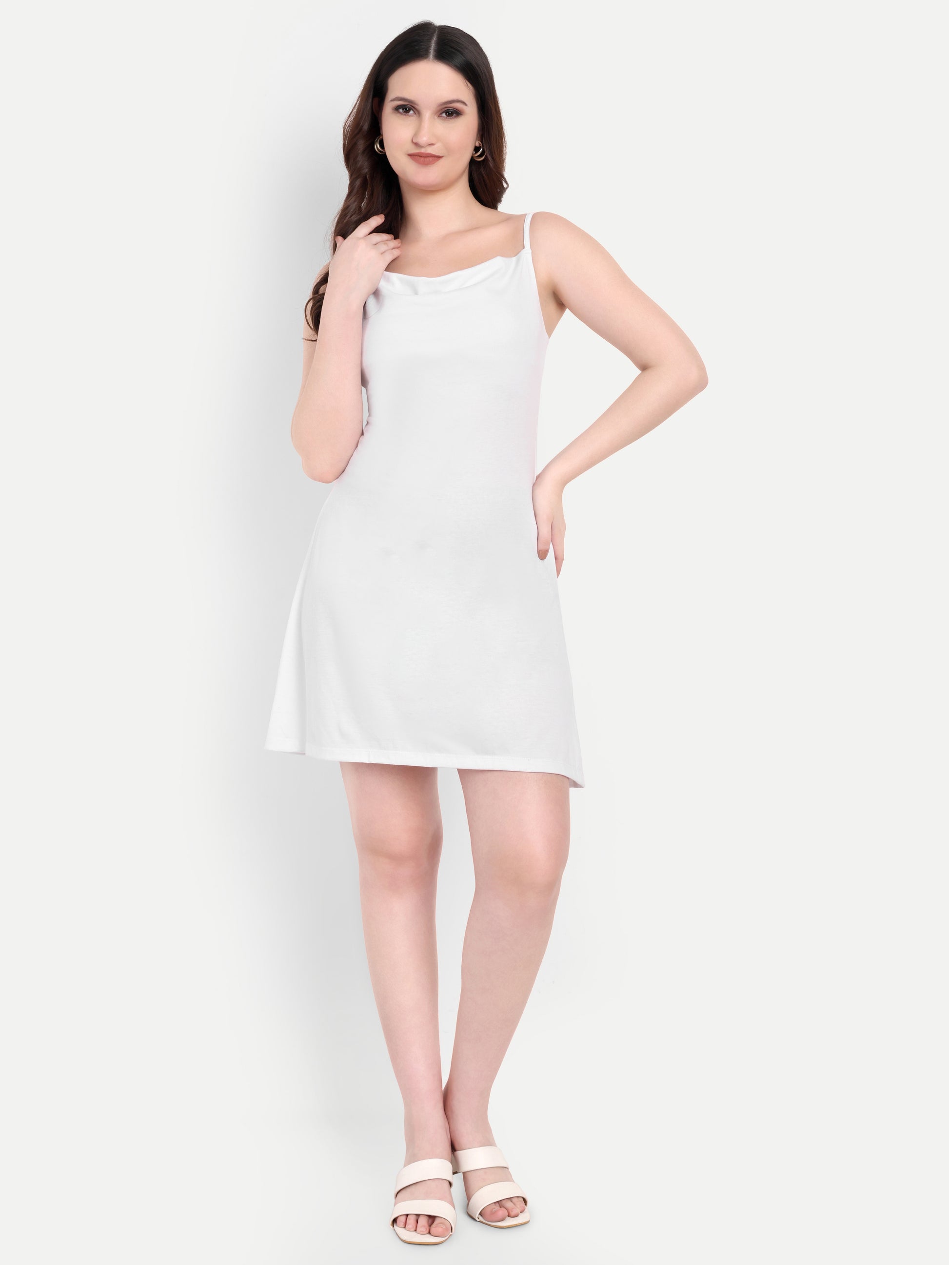 Women's White A-Line Mini Dress | Sleeveless Cowl Neck | Casual & Party Wear
