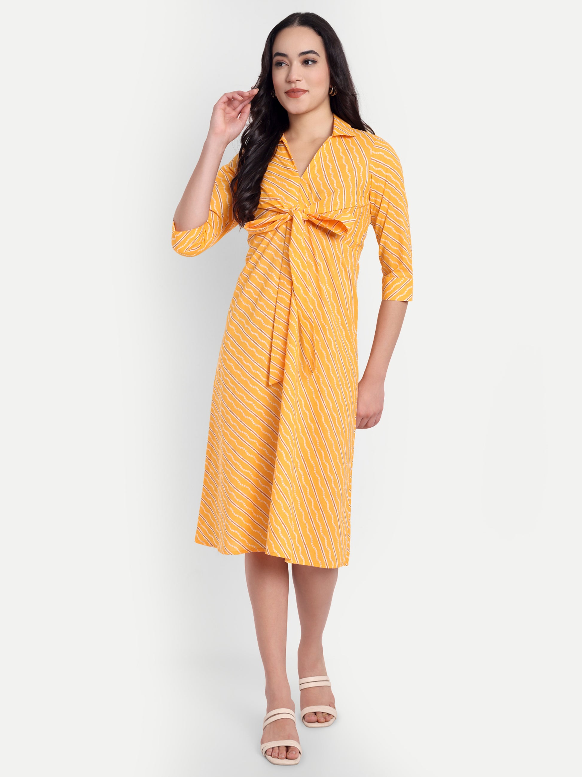 Women's Orange Striped Knee-Length Dress | Front Knot Detail | Casual & Party Wear