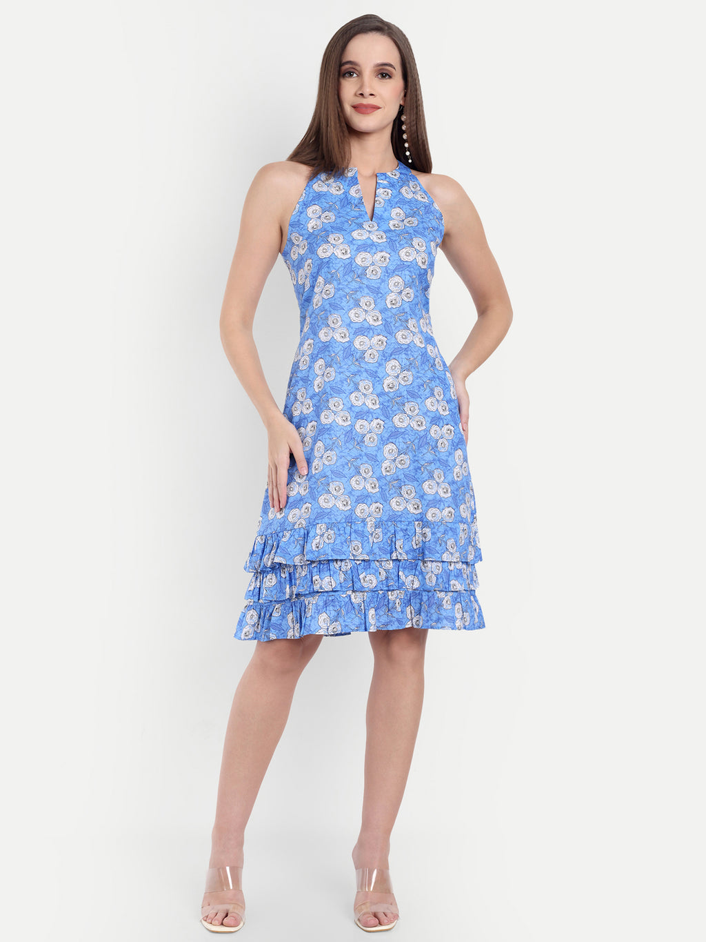 Women's Blue Floral Sleeveless Halter Neck Dress | Tiered Hem | Summer Casual & Party Wear