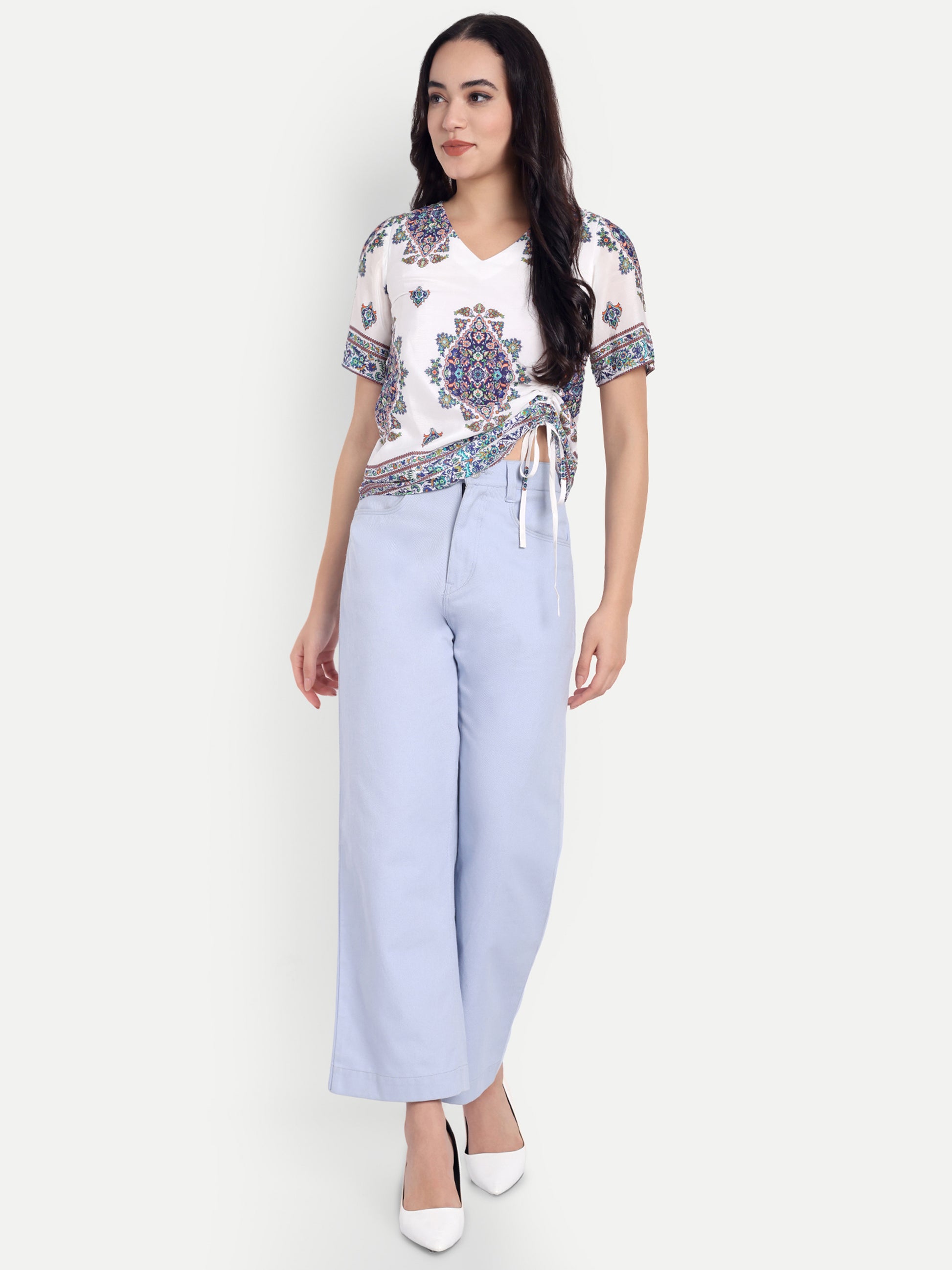 Boho Print White Ruched Top & Lavender Wide-Leg Pants Co-Ord Set