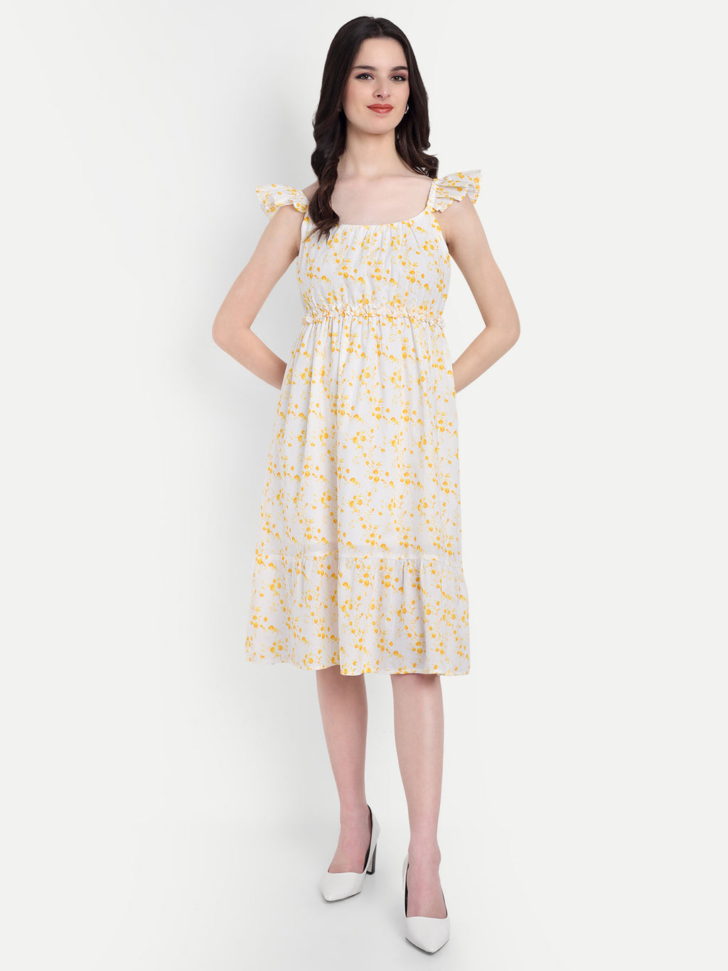 Women's Yellow Floral Midi Dress | Sleeveless Ruffle Straps | Elegant Casual & Summer Wear