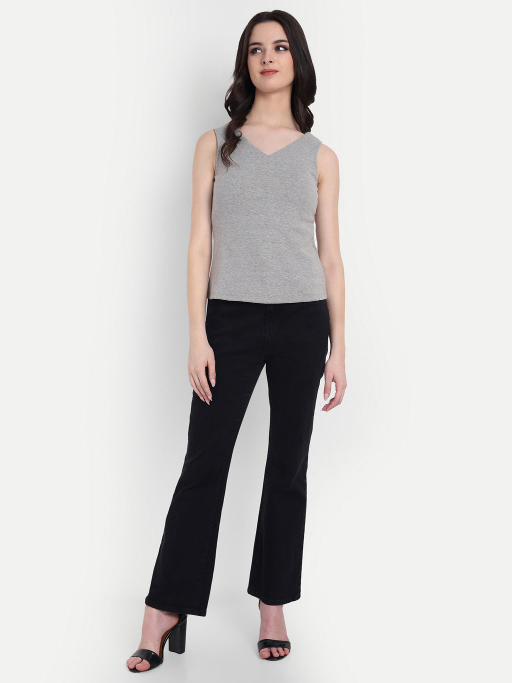 Women's Grey  V-Neck  Sleeveless Top | Casual & Party Wear